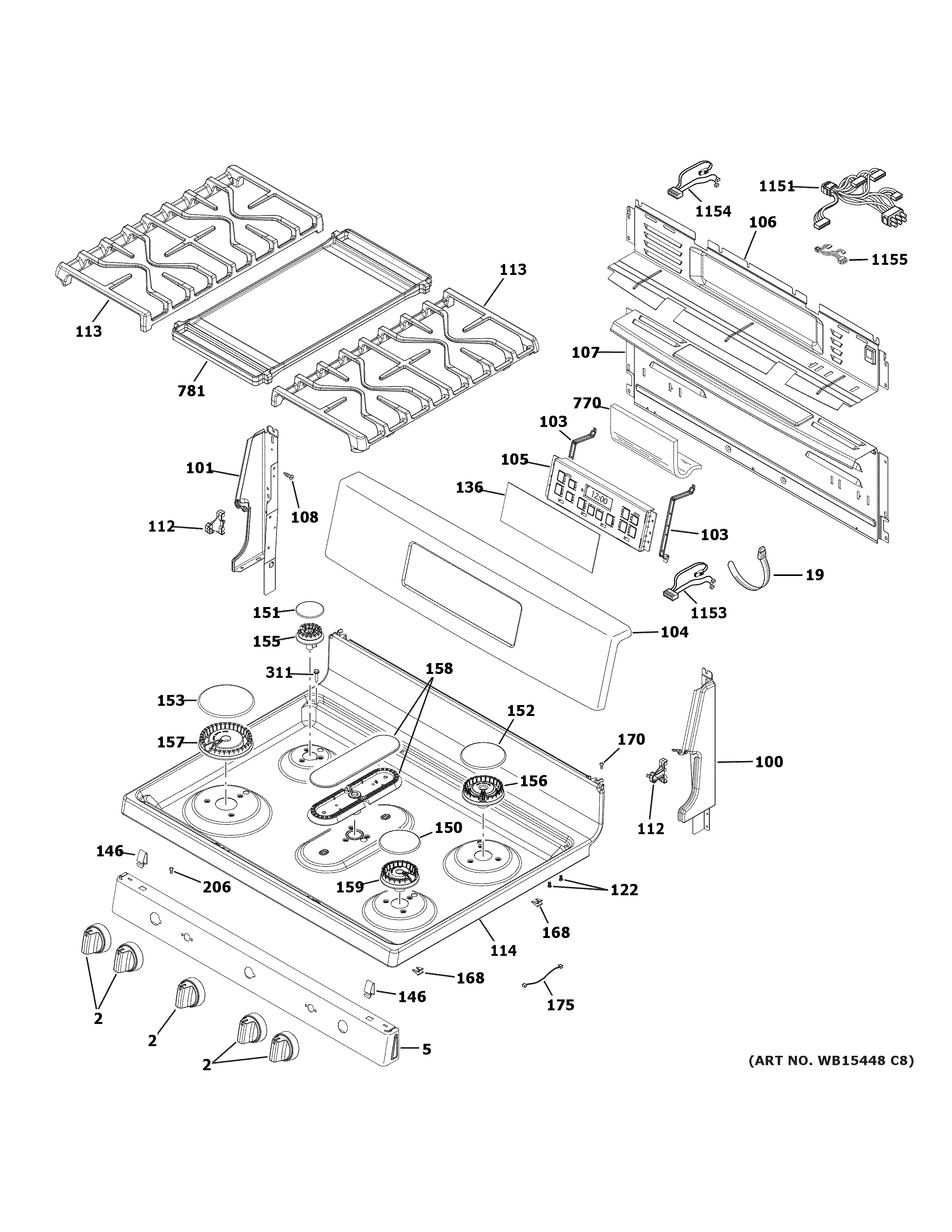 GE JGB660DP1WW control panel & cooktop diagram