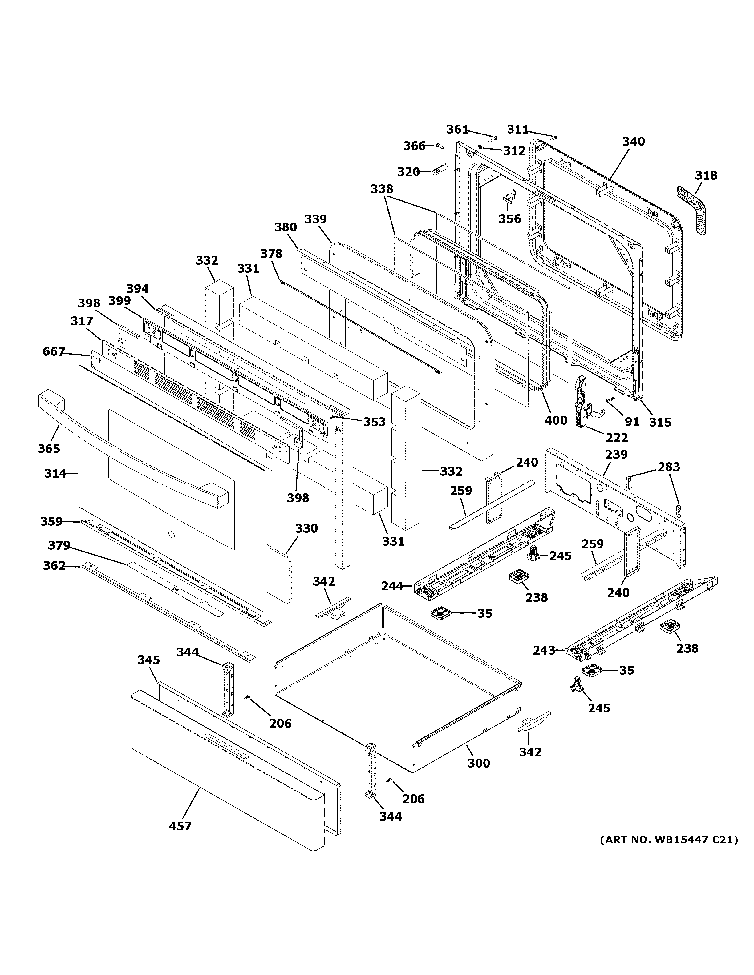 GE JGB660DP1WW door & drawer parts diagram