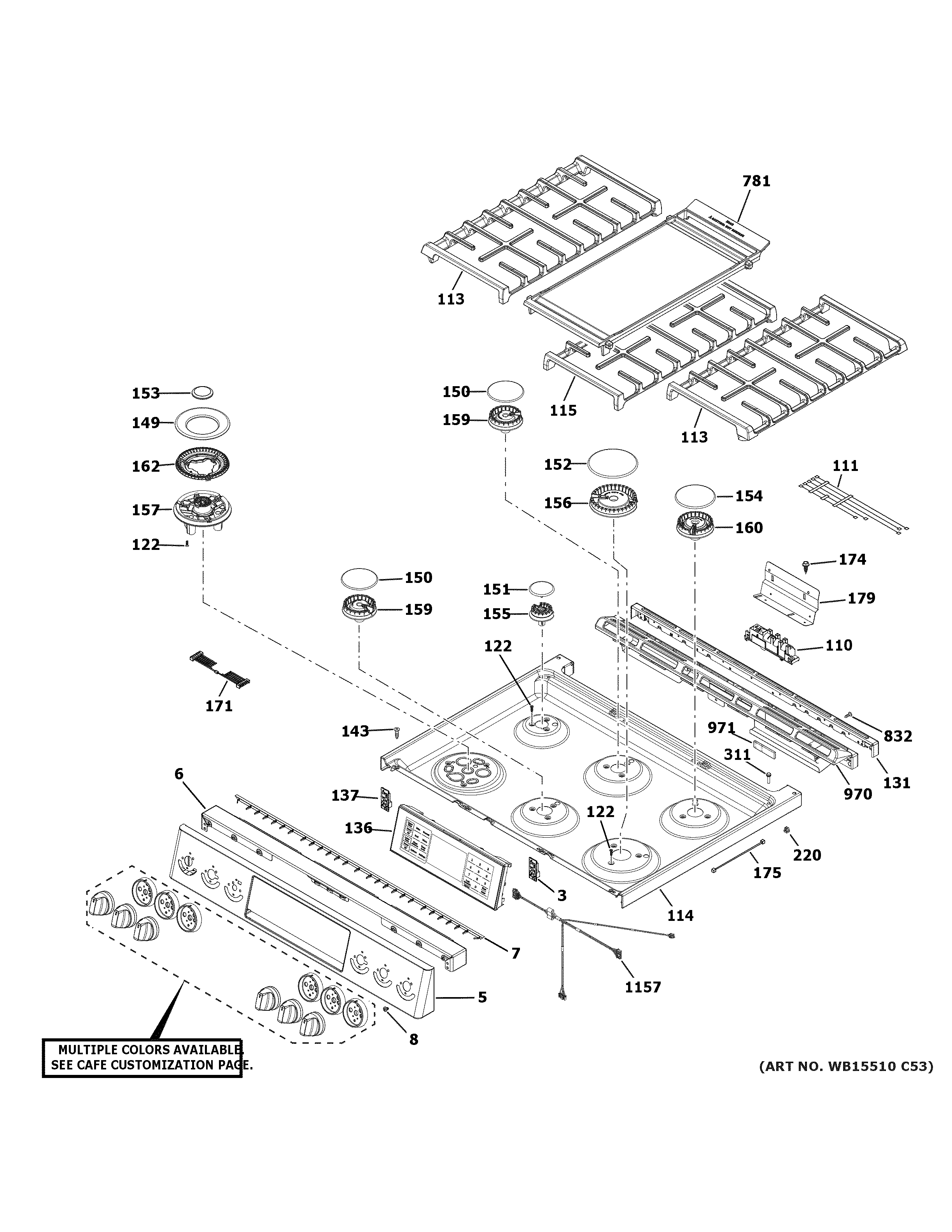 GE CGS750P4M3W2 control panel & cooktop diagram