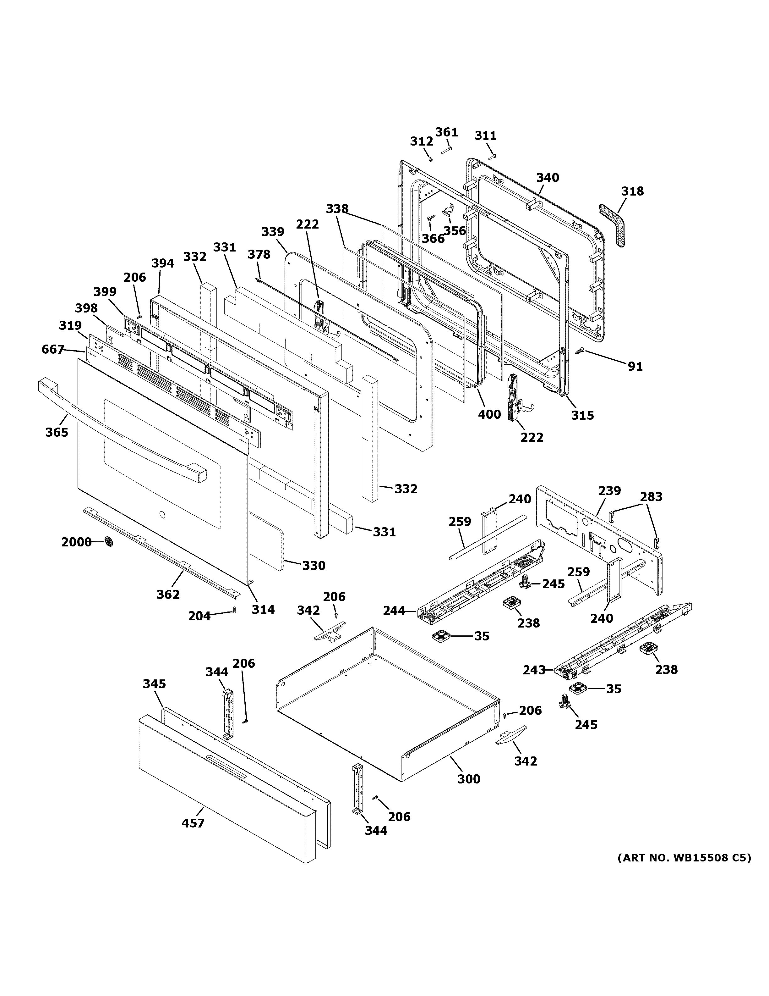 GE JGB735SP1SS door & drawer parts diagram