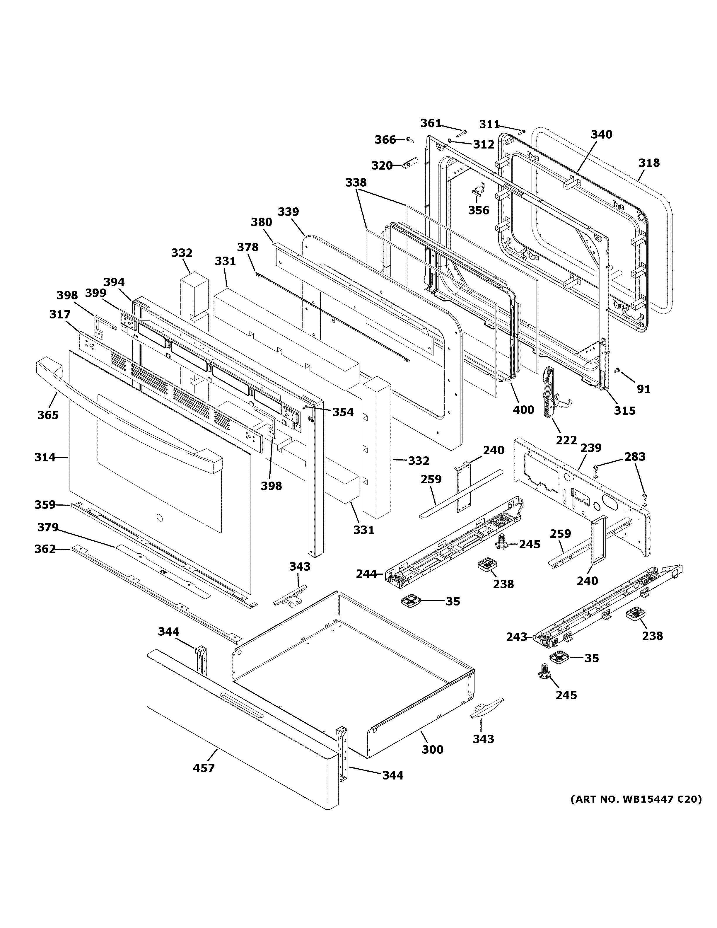 GE JGB735DP1WW door & drawer parts diagram