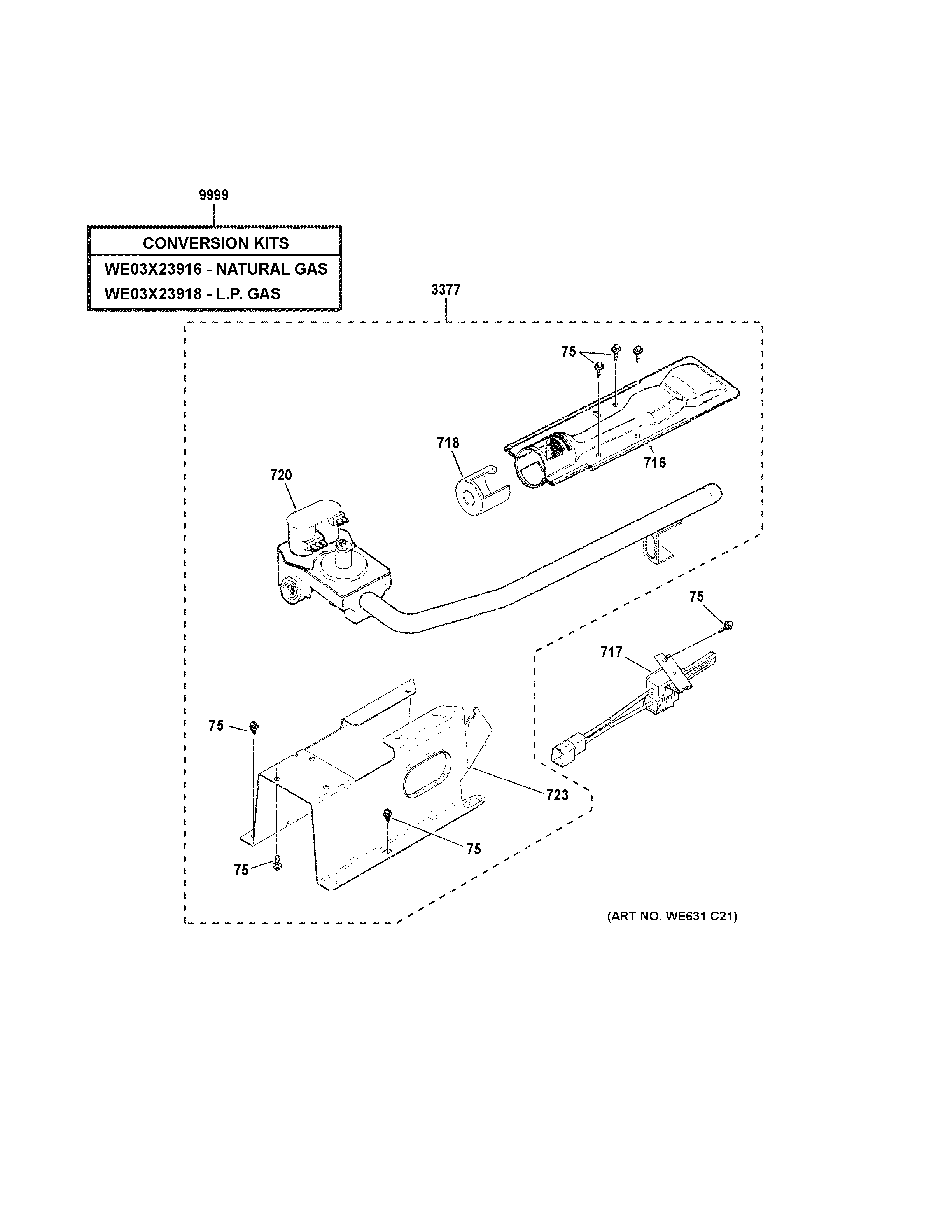 GE PTD60GBSR1WS gas valve & burner assembly diagram