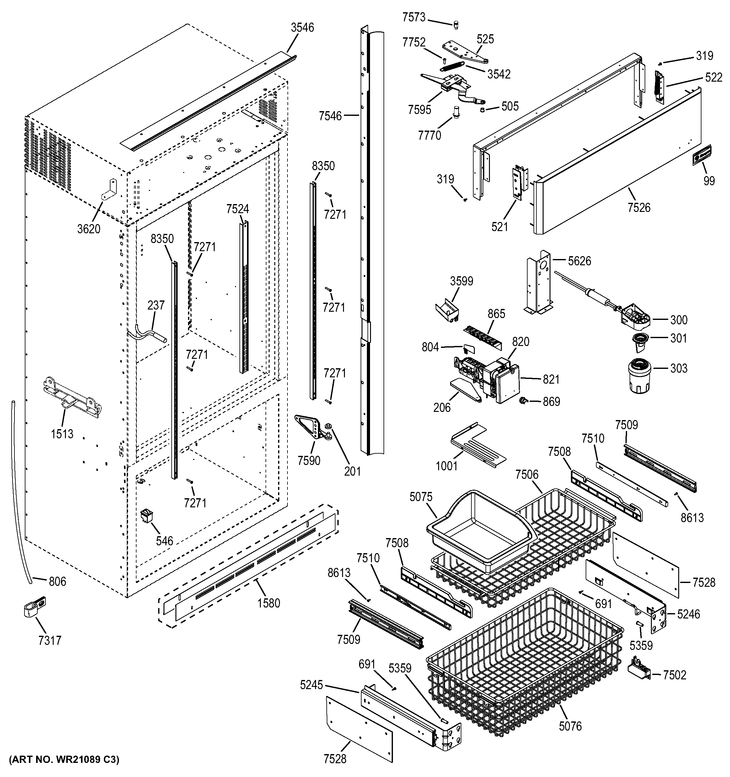 GE ZICS360NHARH freezer section, trim & components diagram