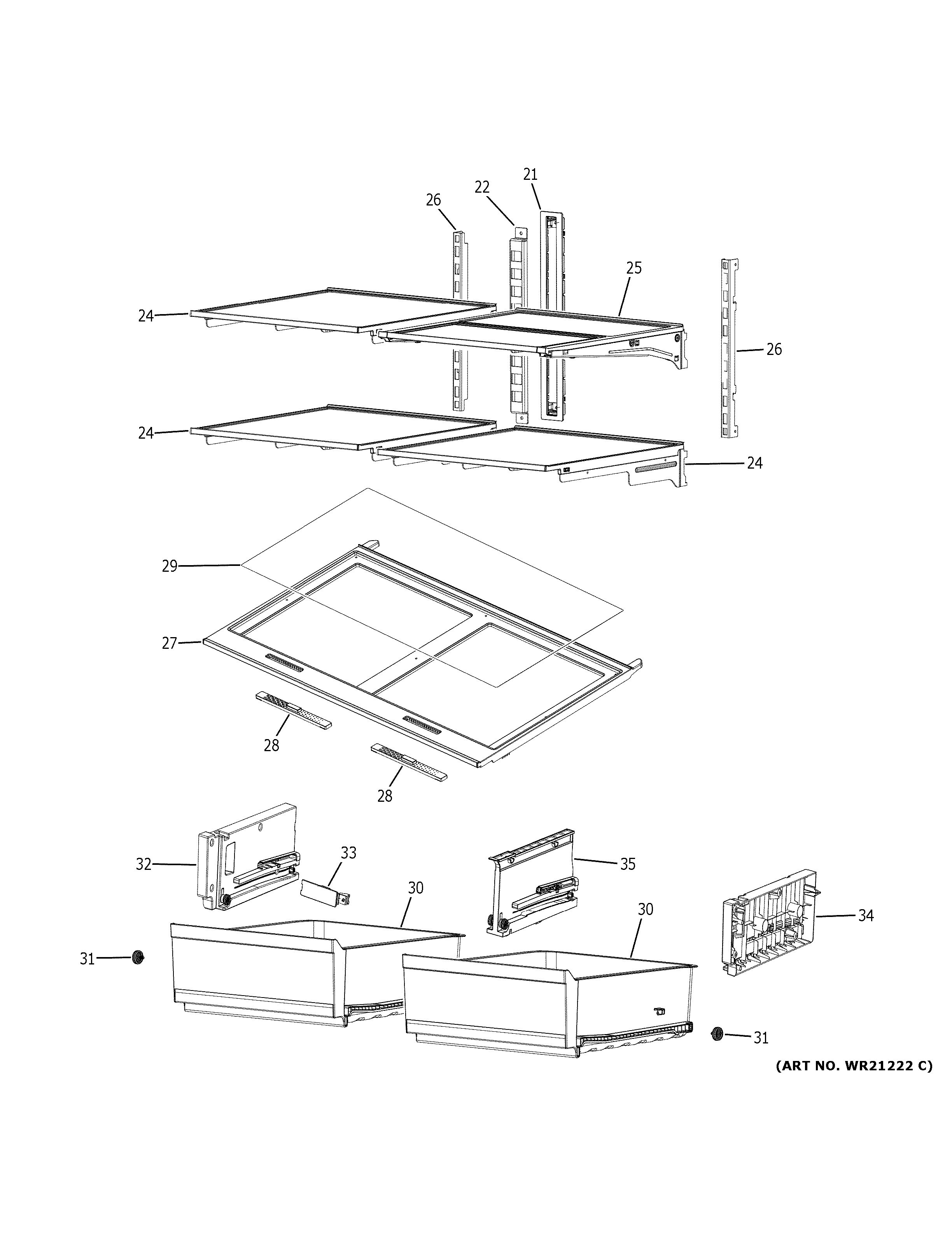 GE PVD28BYNBFS refrigerator shelves diagram