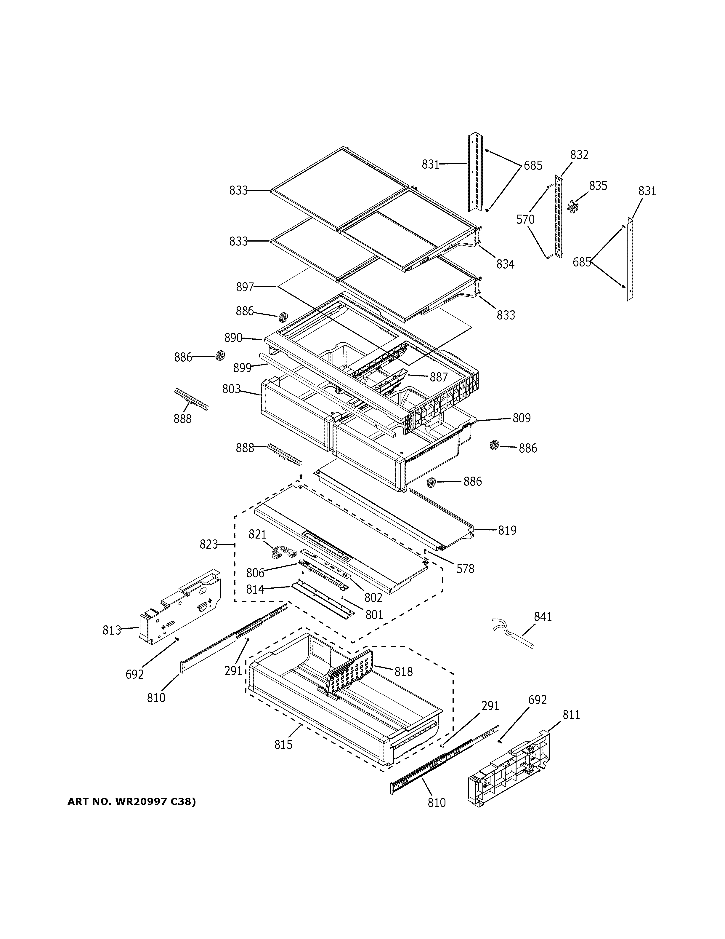 GE CFE28TP4MHW2 fresh food shelves diagram