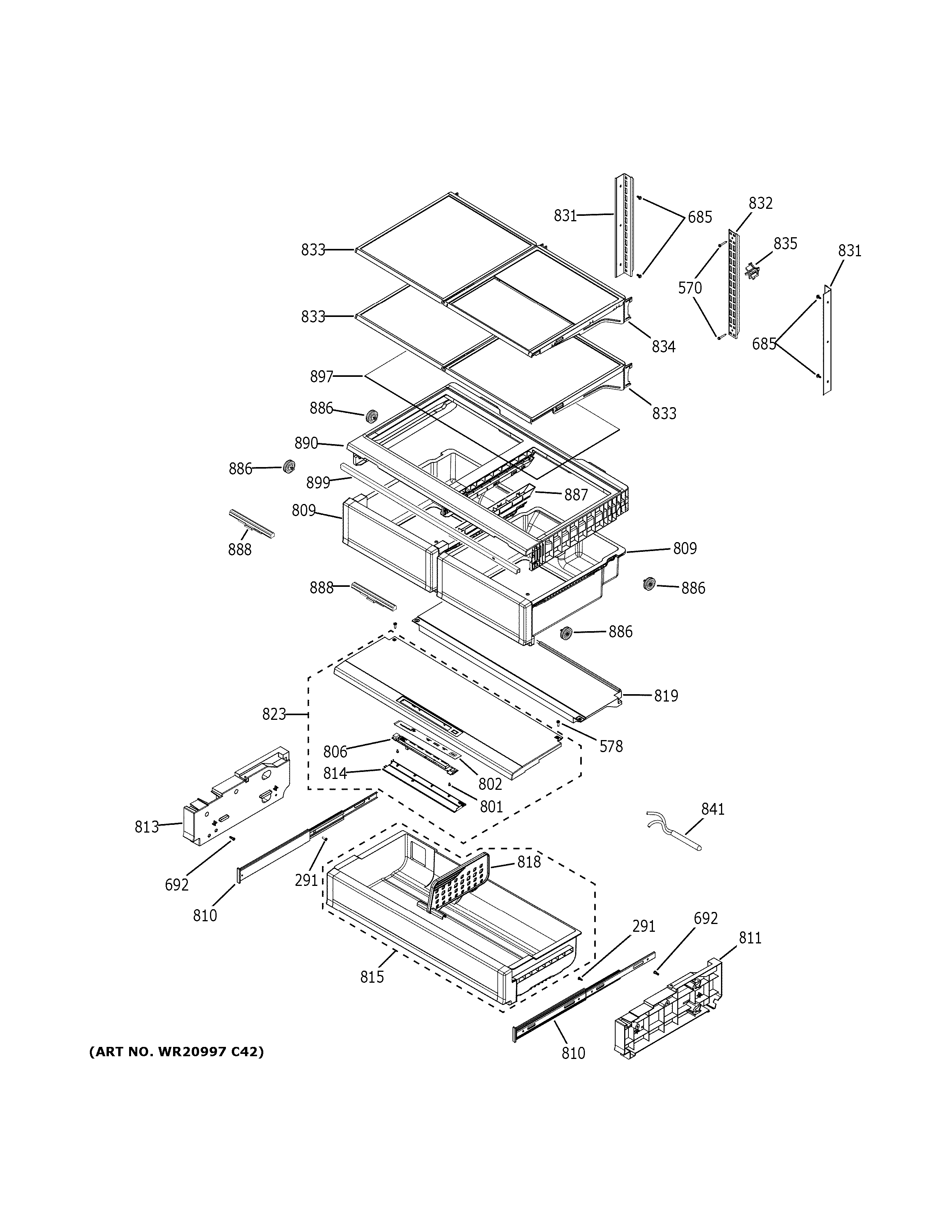 GE PWE23KMKSES fresh food shelves diagram