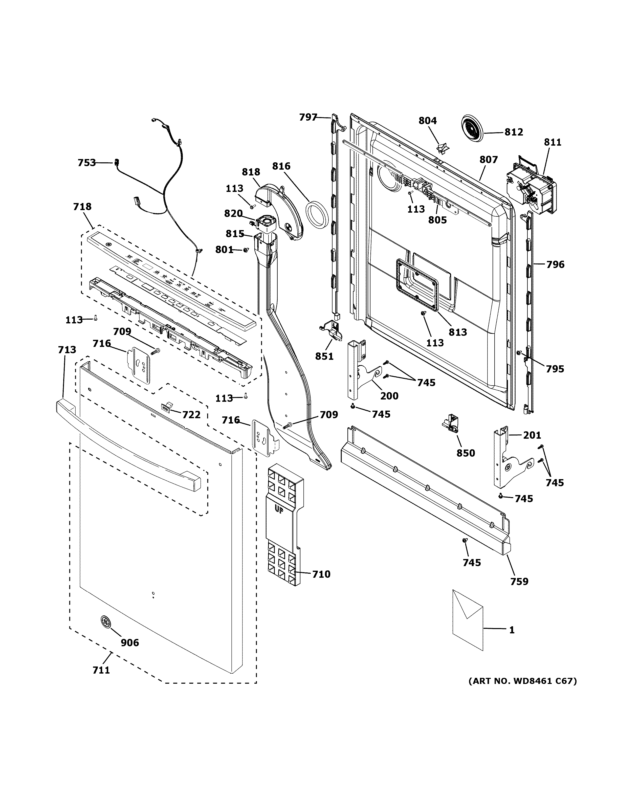 GE GDT645SSN5SS escutcheon & door assembly diagram