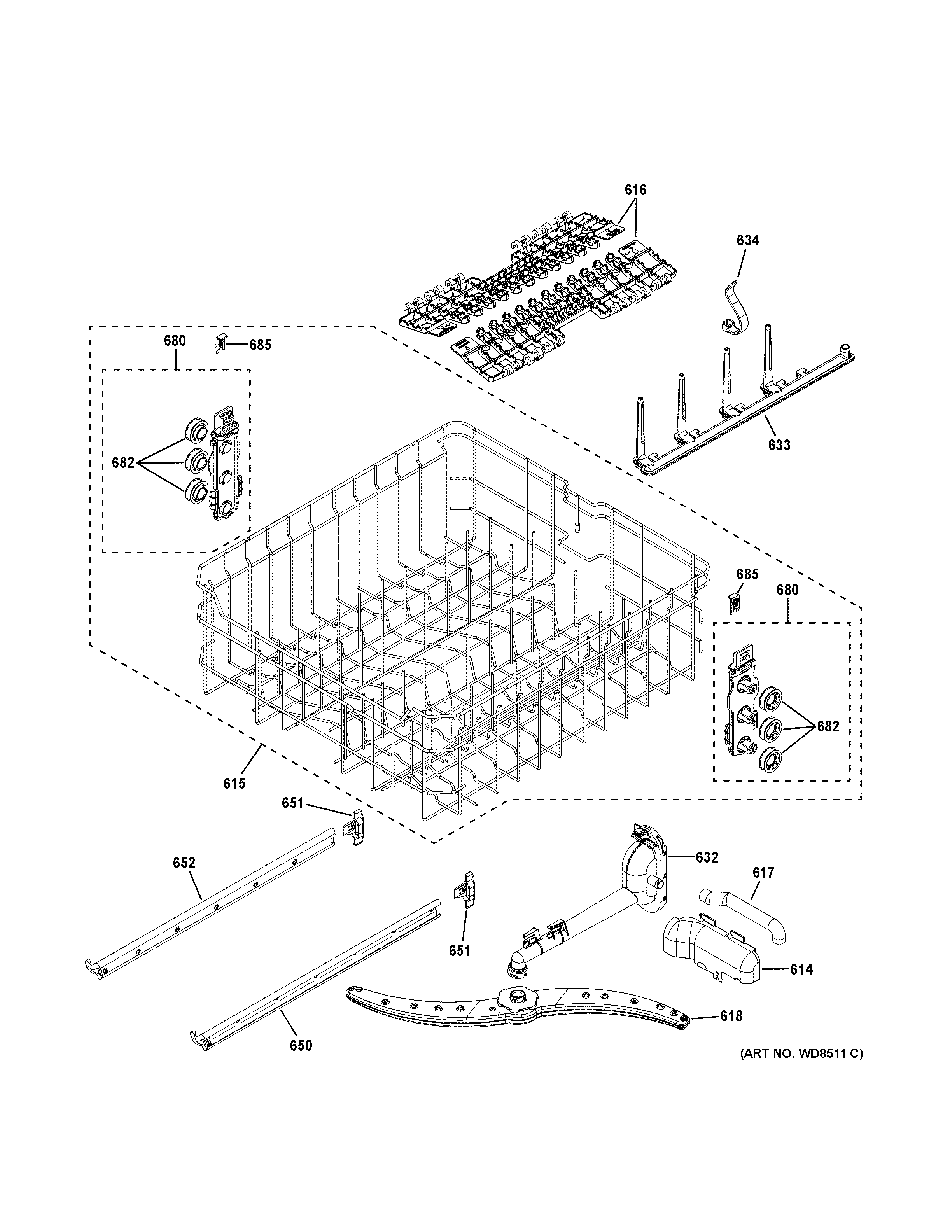 GE GDT645SSN5SS upper rack assembly diagram
