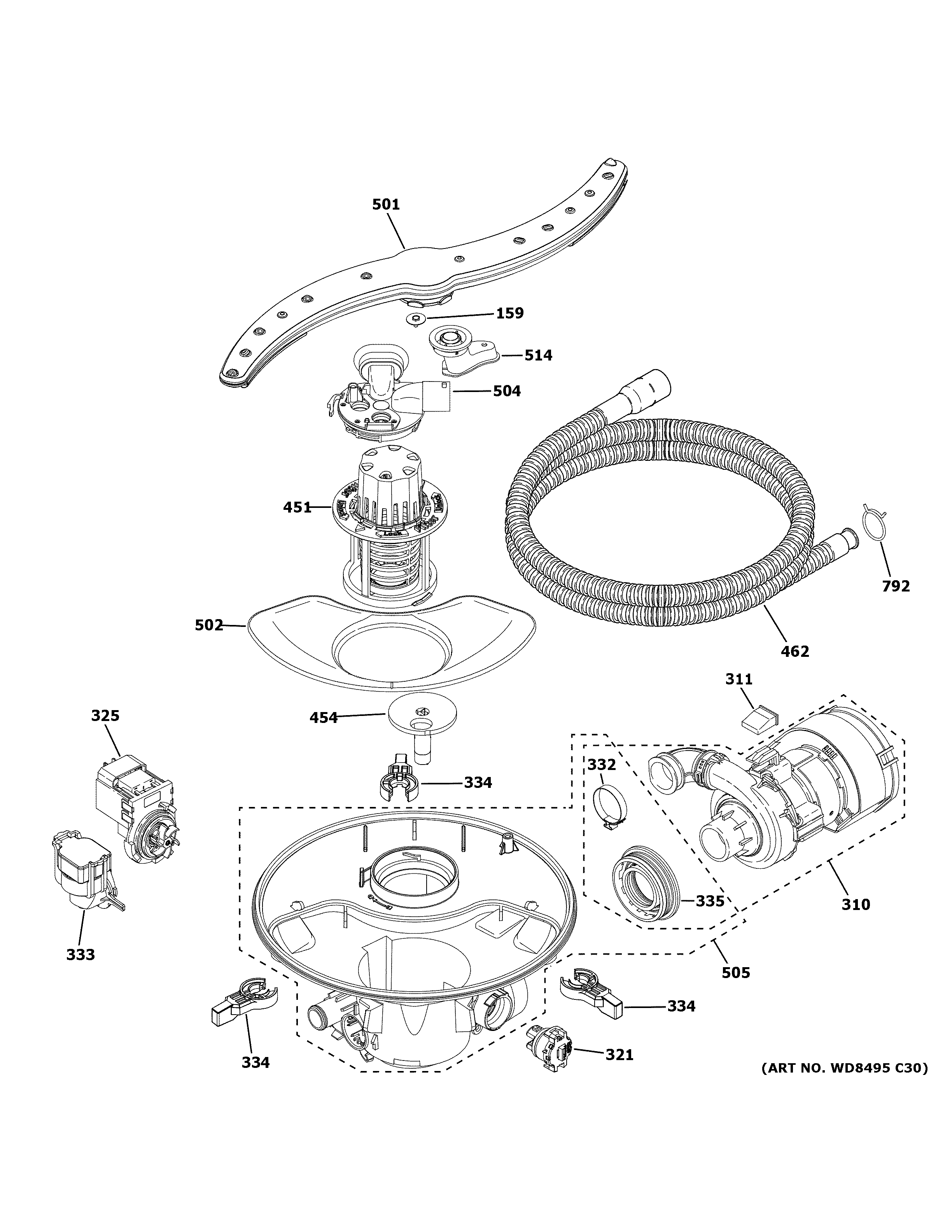 GE PDT715SBN5TS motor, sump & filter assembly diagram