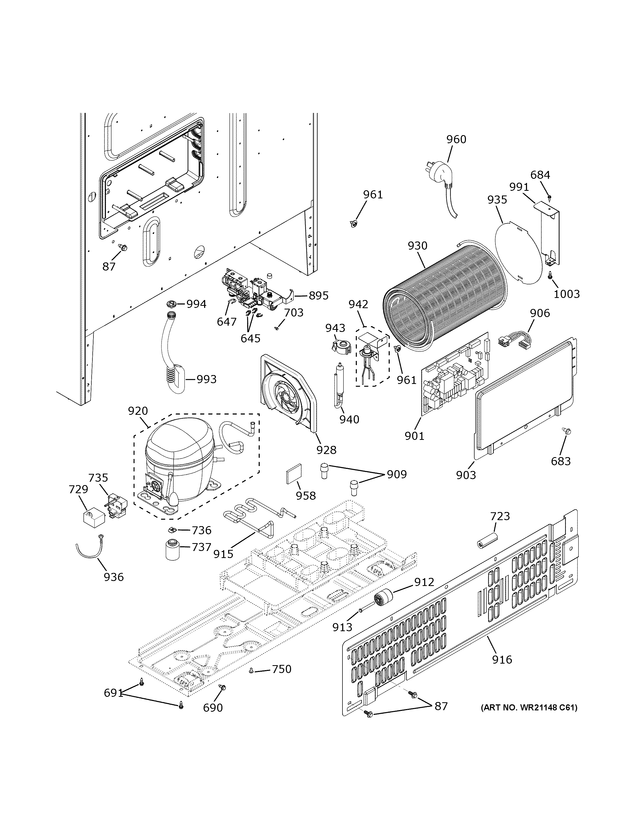 GE CWE23SP2MIS1 machine compartment diagram