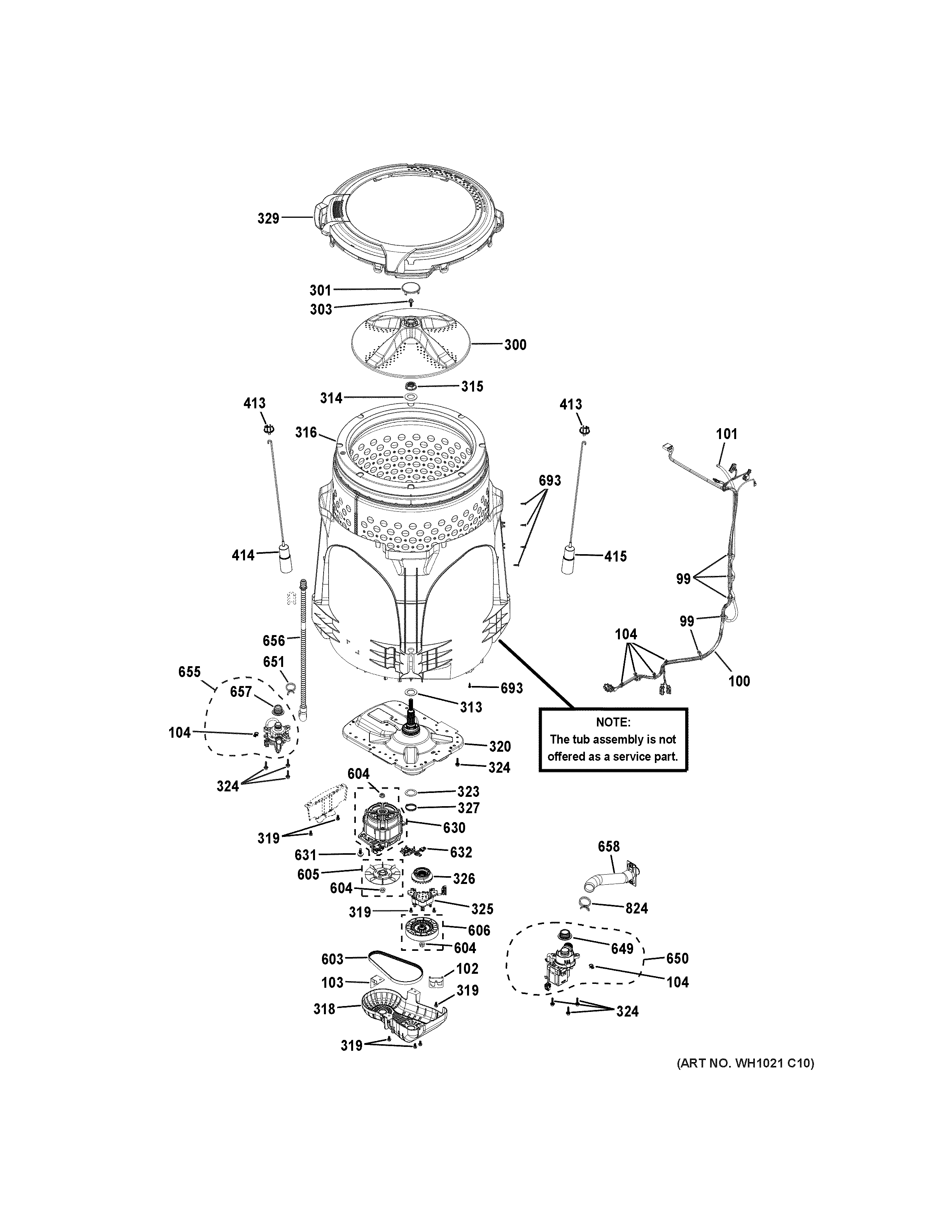 GE GTW680BPL0DG tub & motor diagram