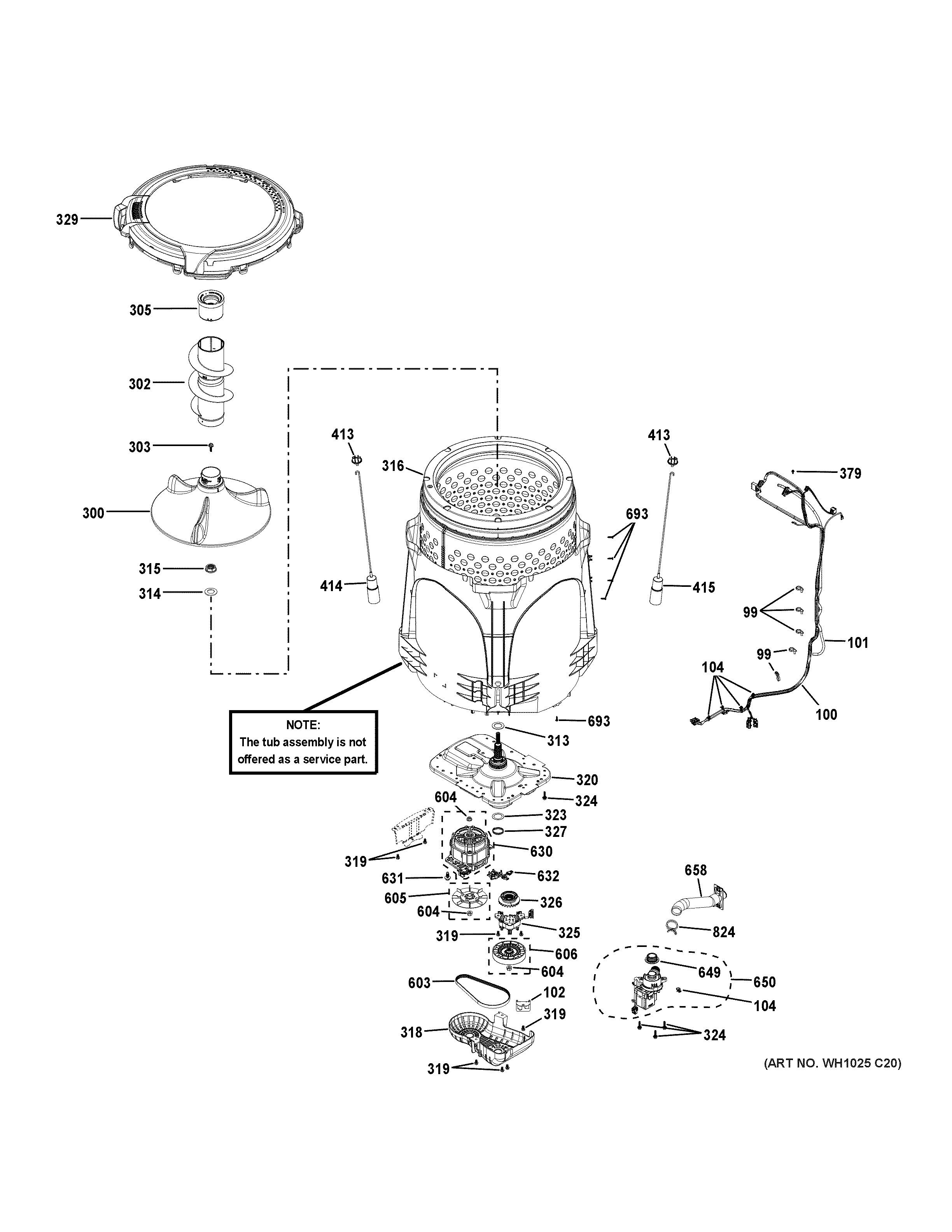 GE GTW460ASJ7WW tub & motor diagram