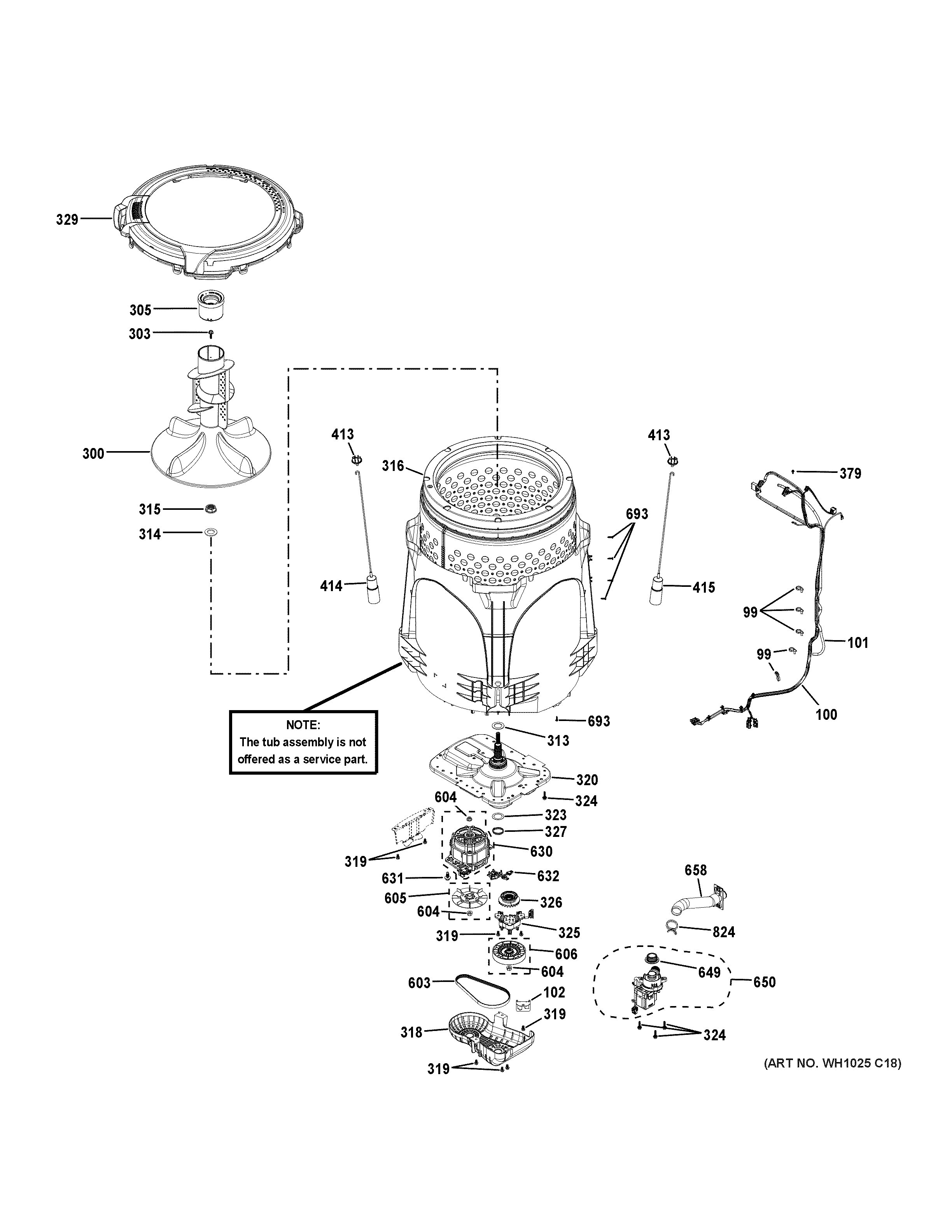 Hotpoint HTW240ASK4WS tub & motor diagram