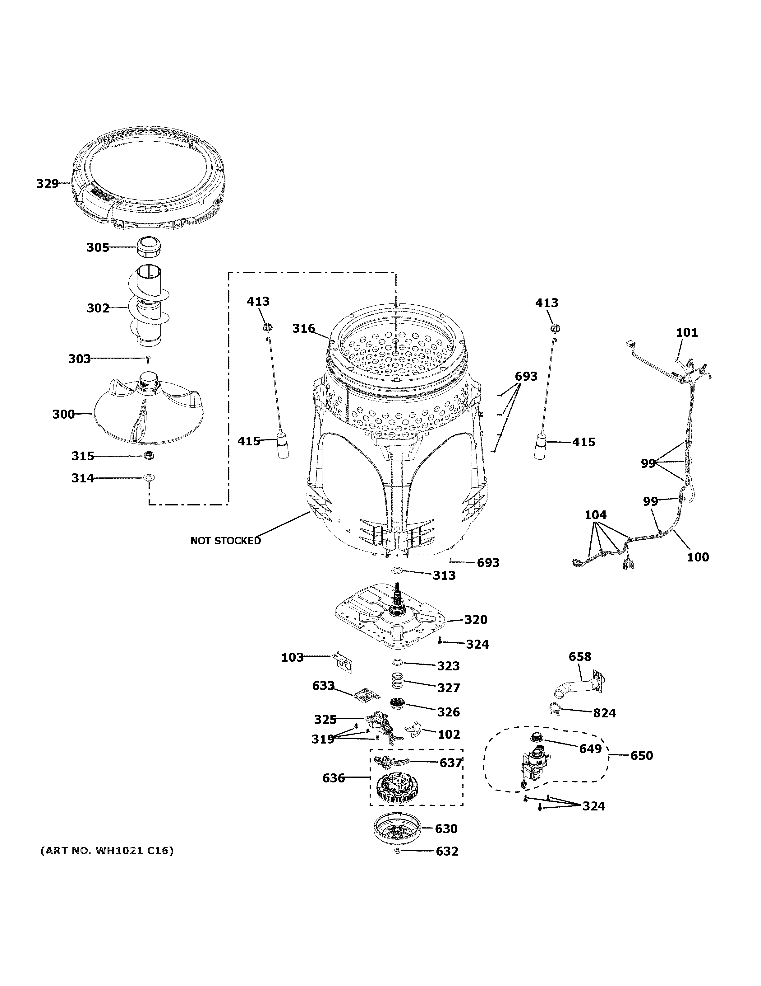 GE GTW725BSN1WS tub & motor diagram