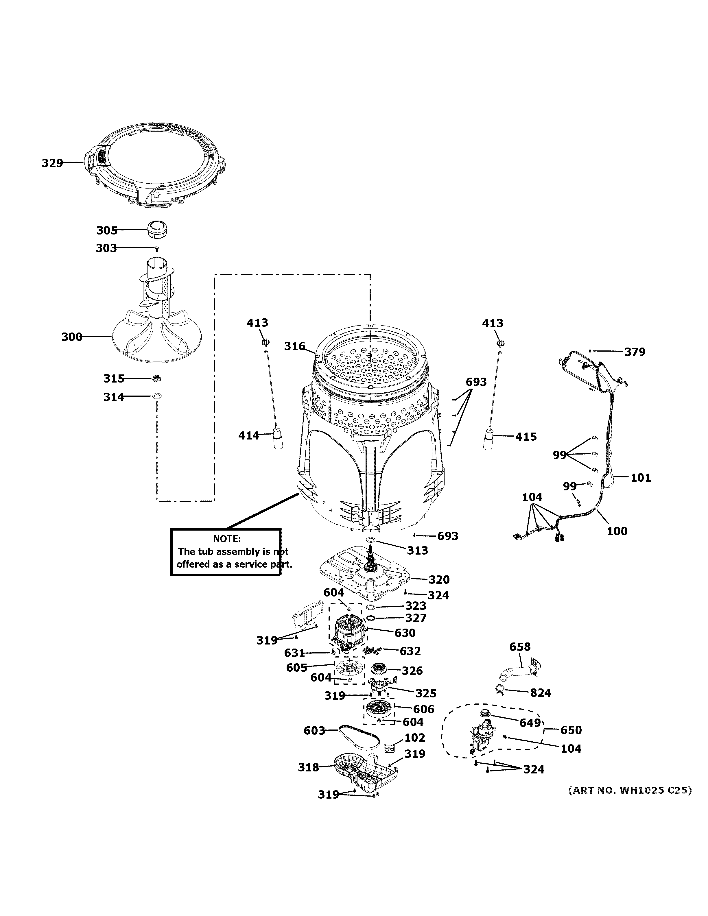 GE VTW525ASR0WB tub & motor diagram