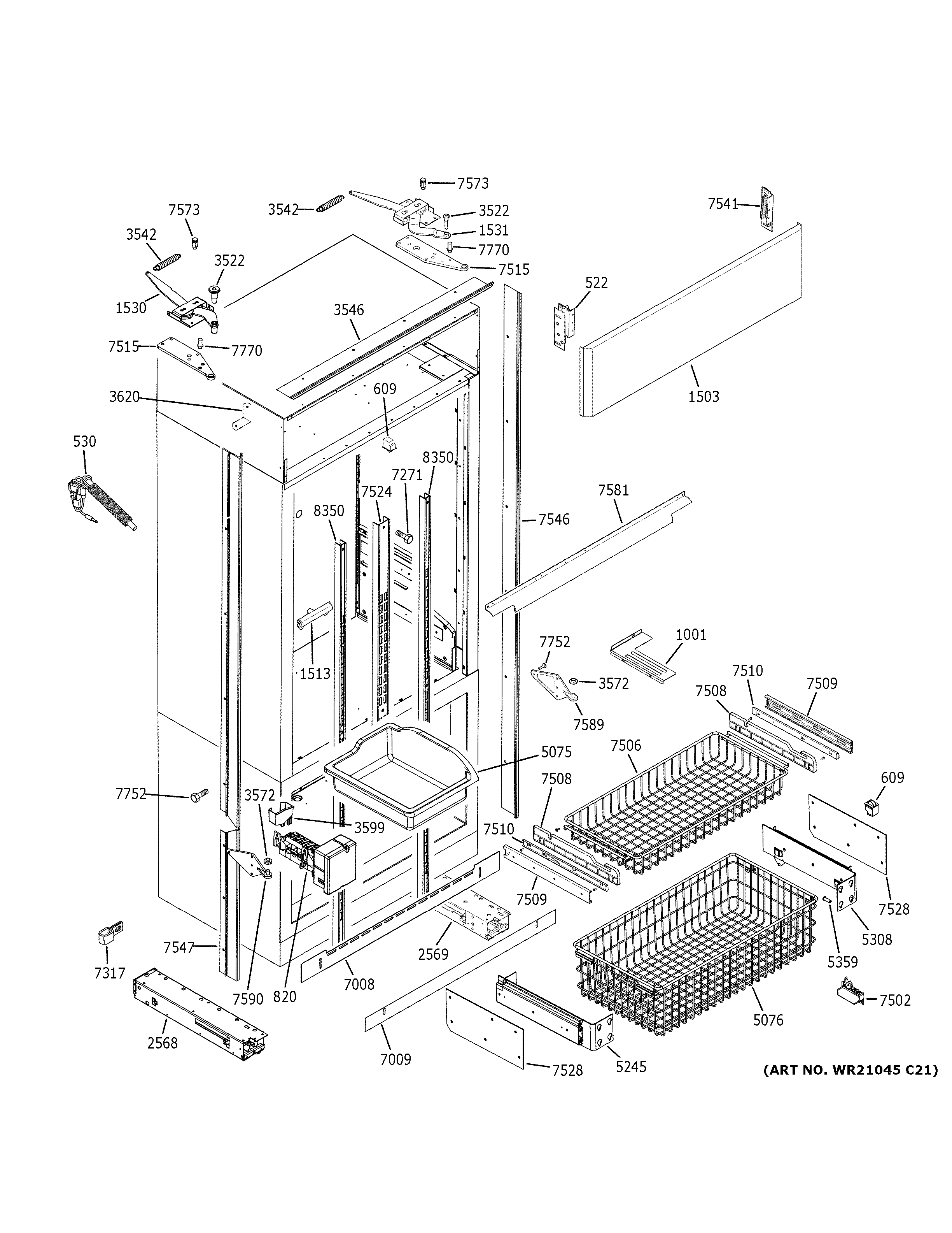 GE ZIPS360NPBSS freezer section, trim & components diagram