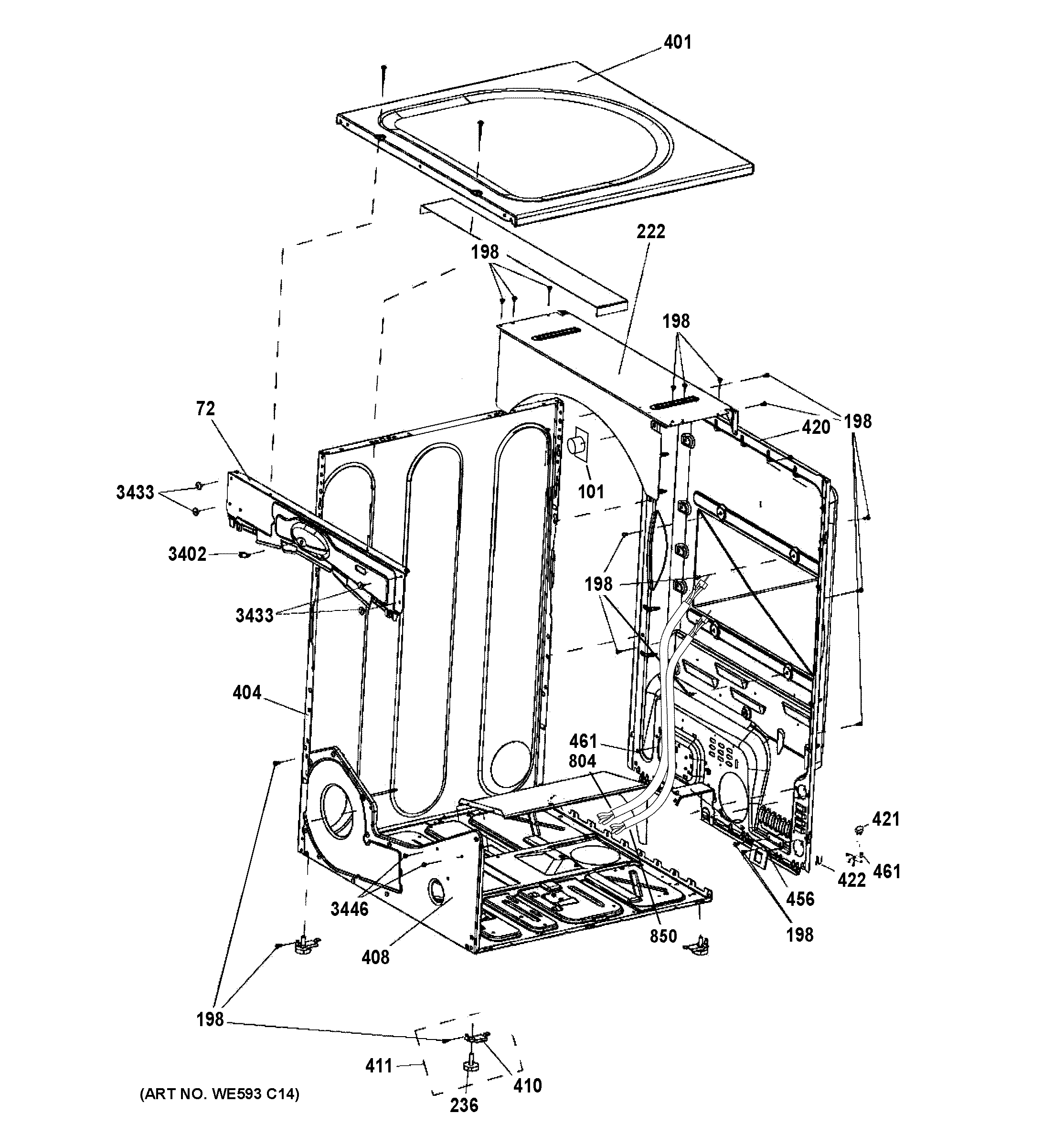 GE GFDN160GJ0WW cabinet & top panel diagram