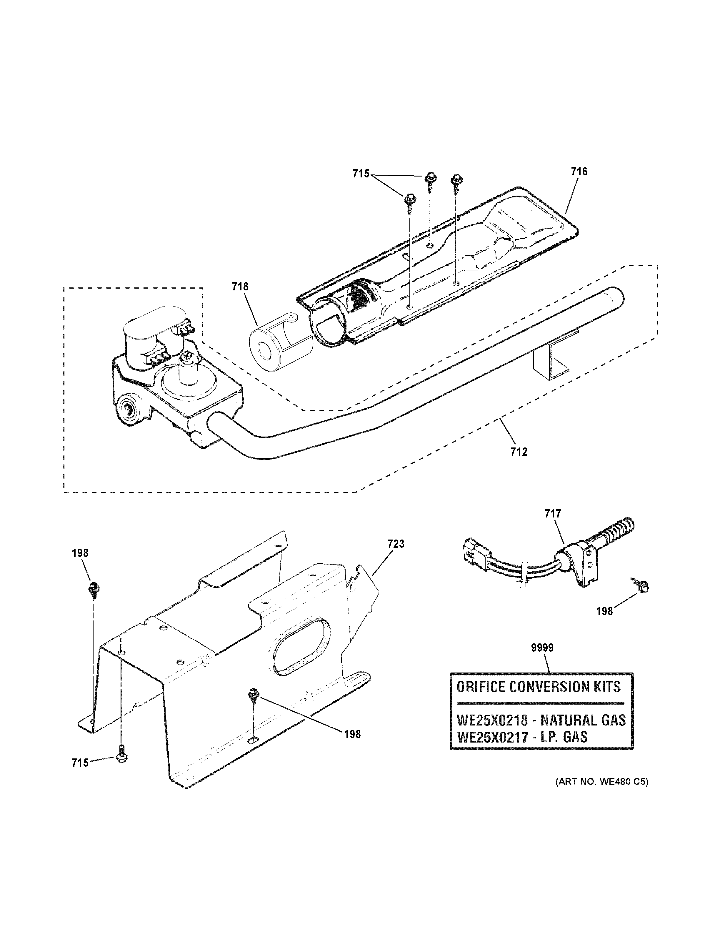 GE GFDN160GJ0WW gas valve & burner assembly diagram