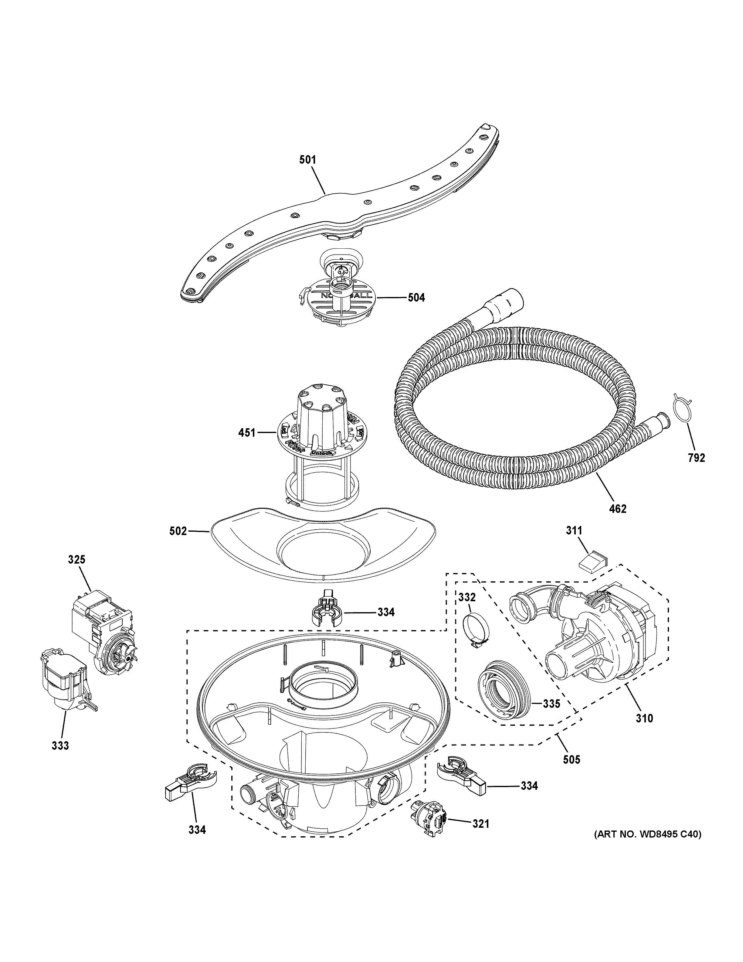 GE GDT645SYN8FS motor, sump & filter assembly diagram