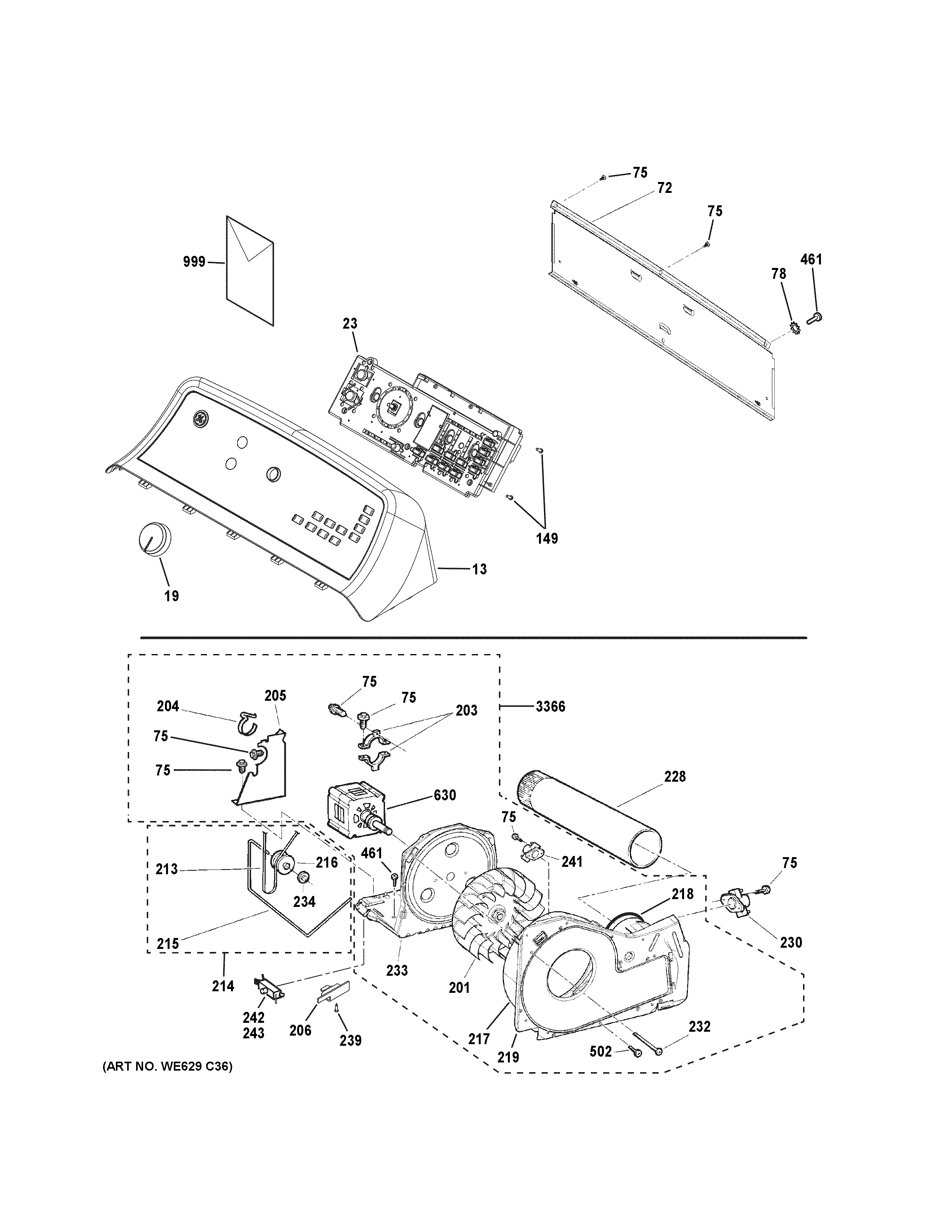 GE GTD75ECPL1DG backsplash, blower & motor assembly diagram