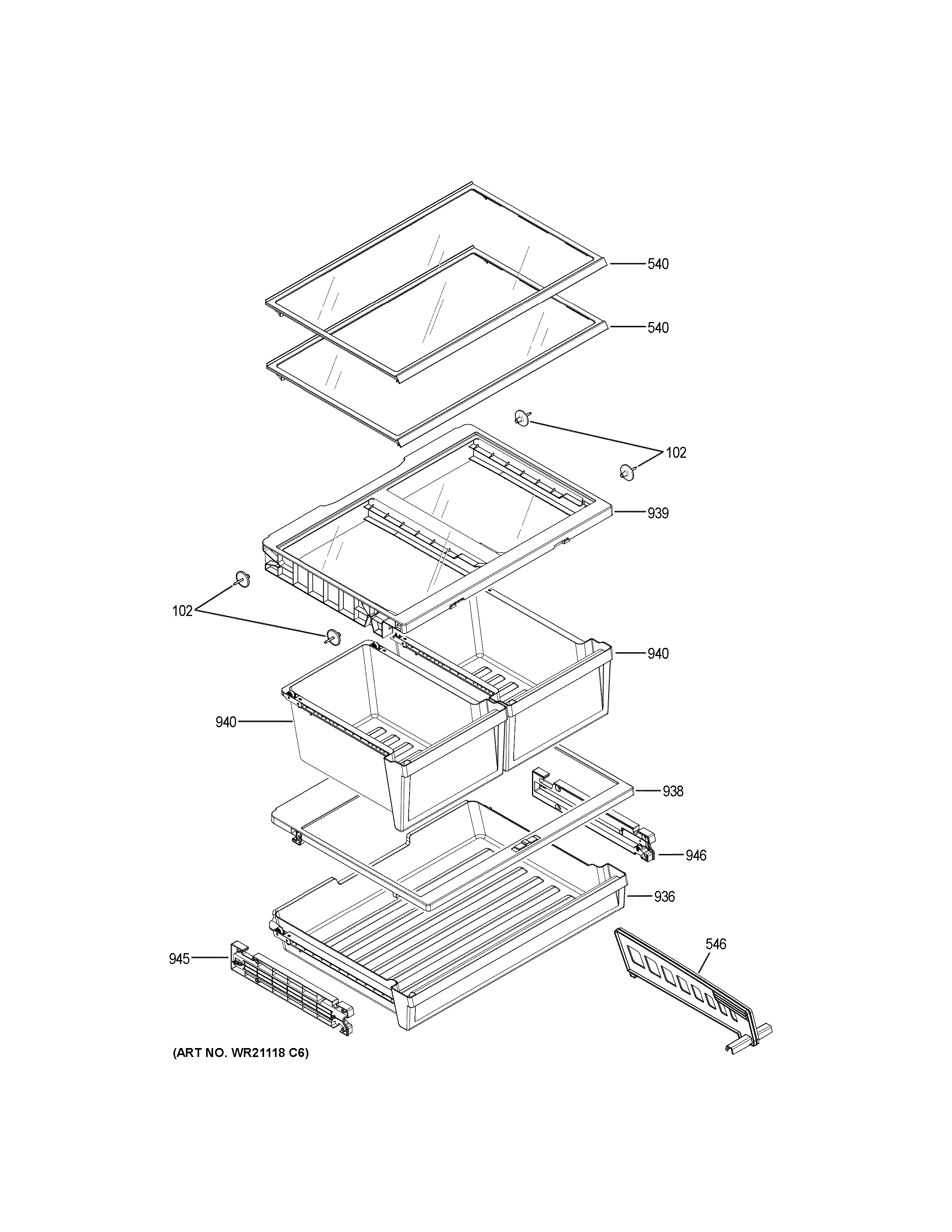 GE GNE21FMKVFES fresh food shelves diagram