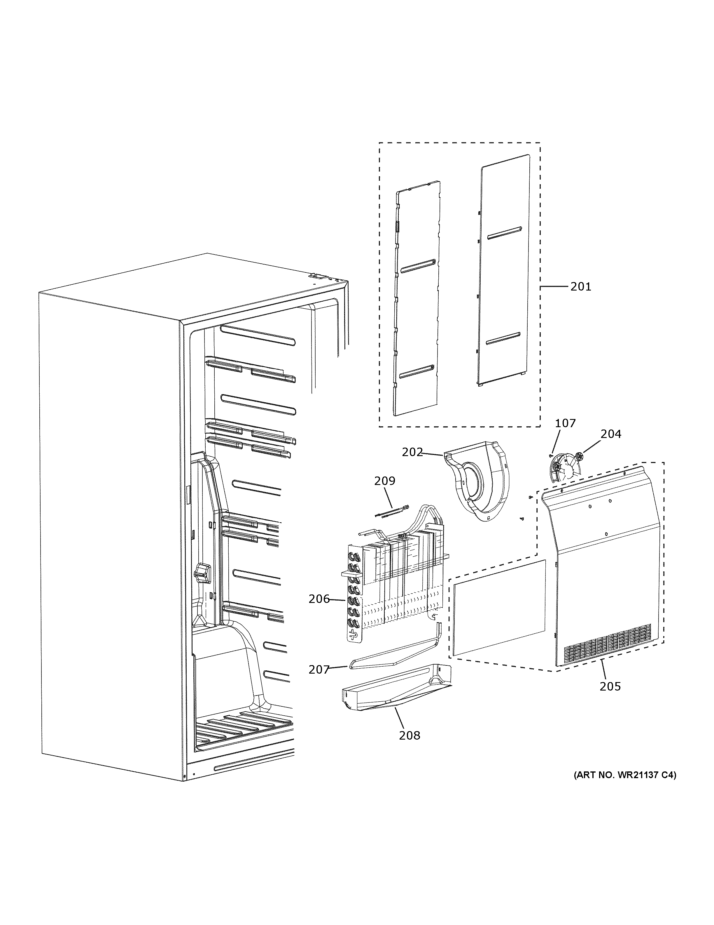 GE FUF14DLREWW freezer section diagram