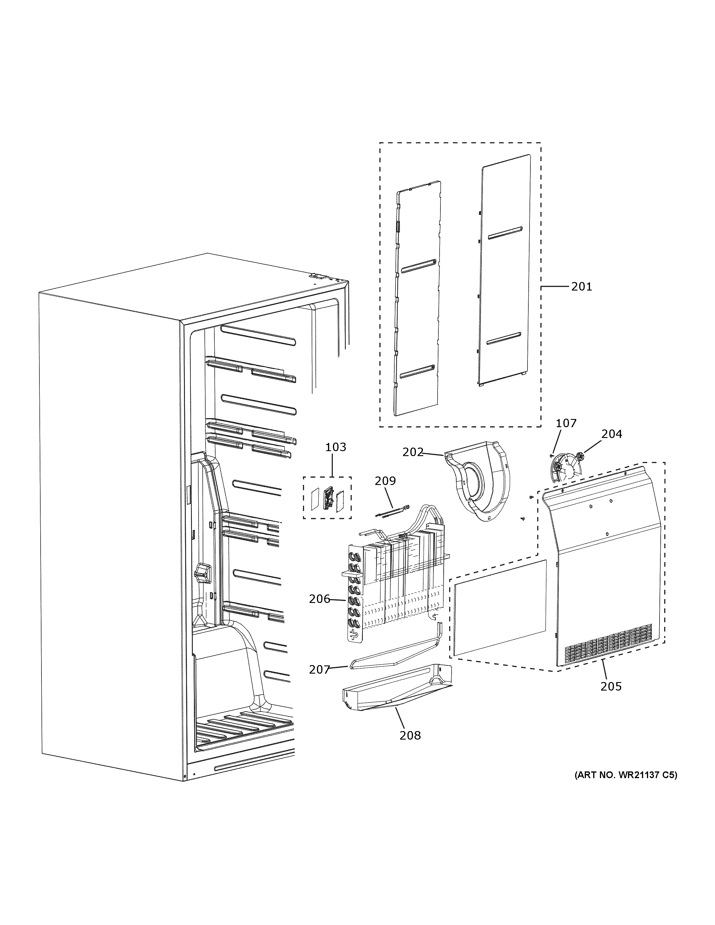 GE FUF14QRRBWW freezer section diagram