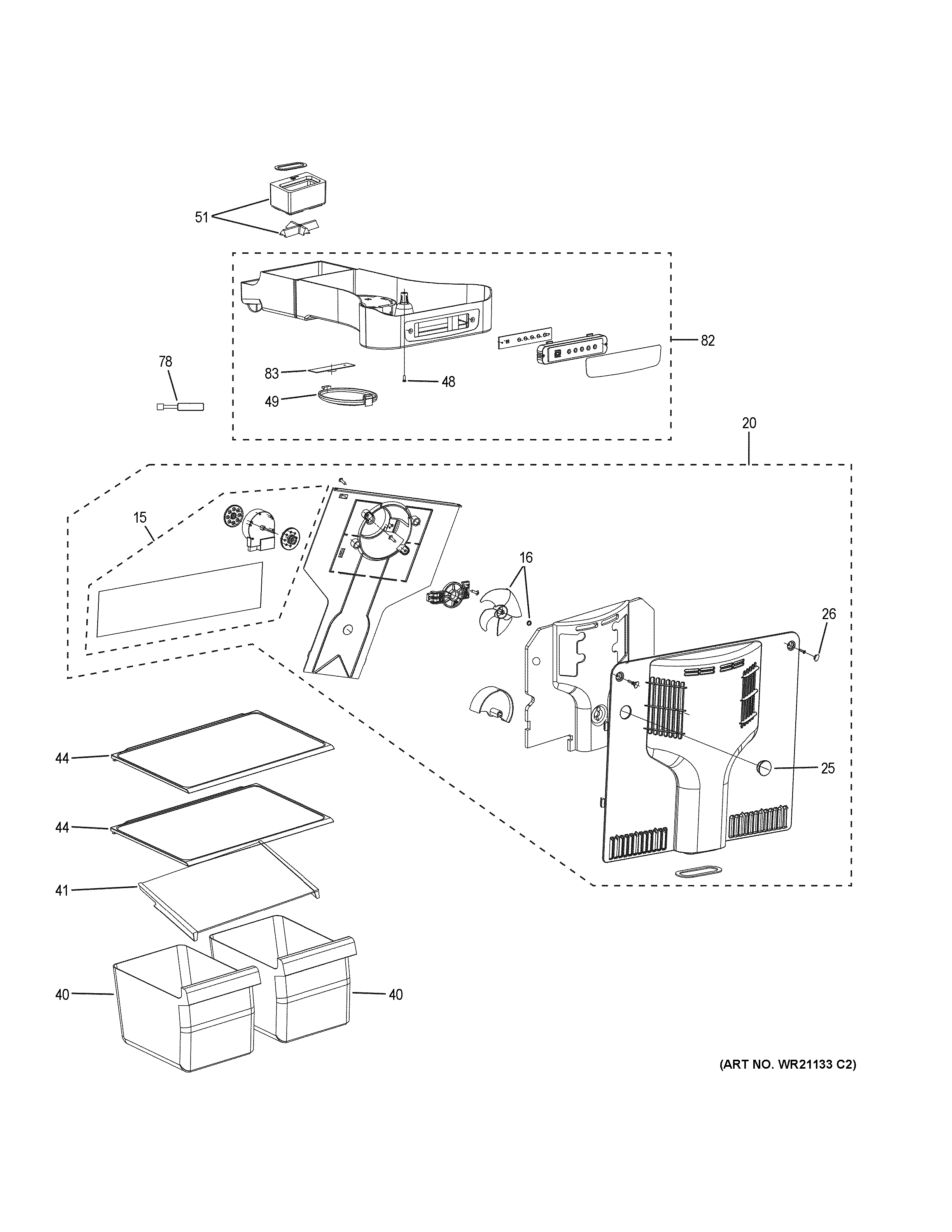 GE GPE12FGKEBB fresh food section diagram