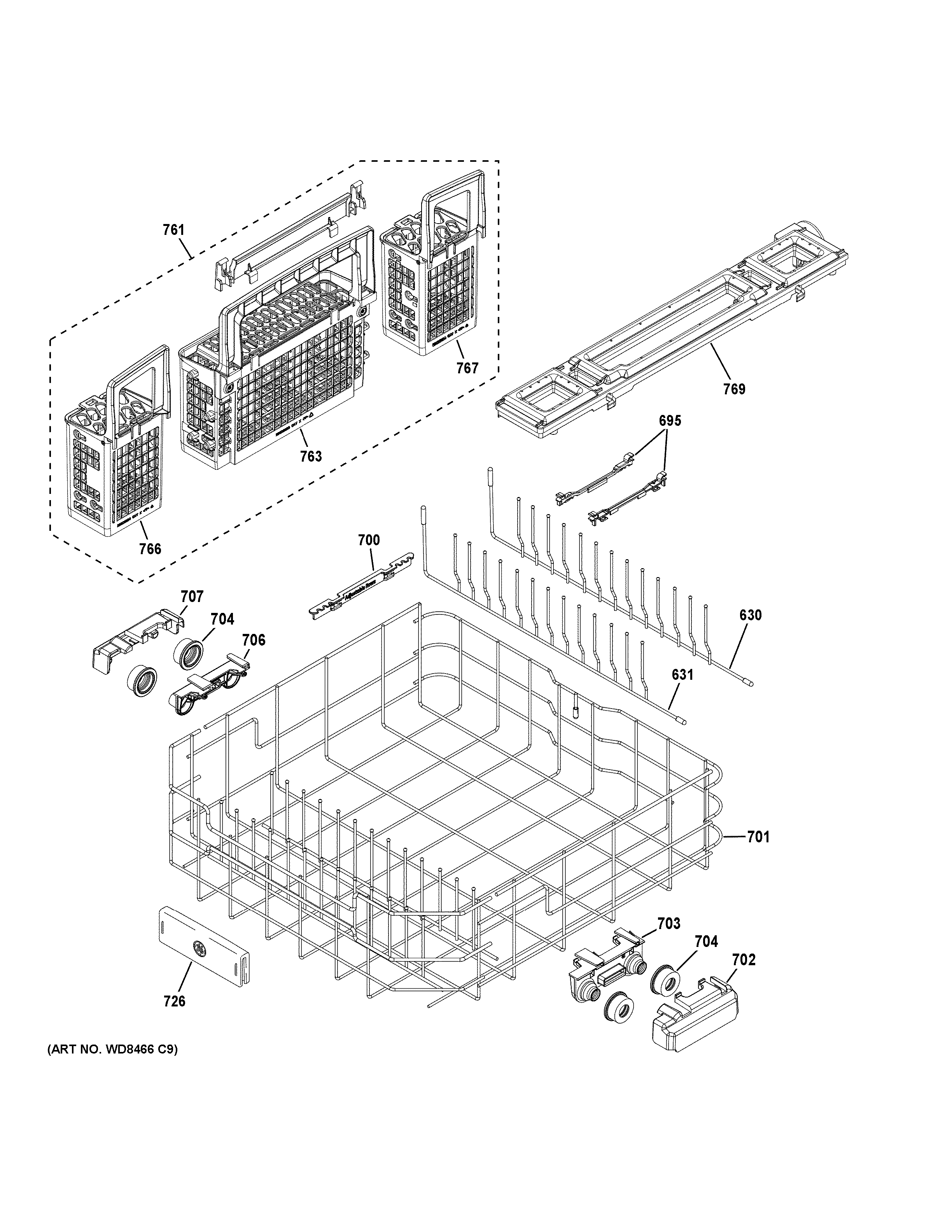 GE CDT866P3M4D1 lower rack assembly diagram