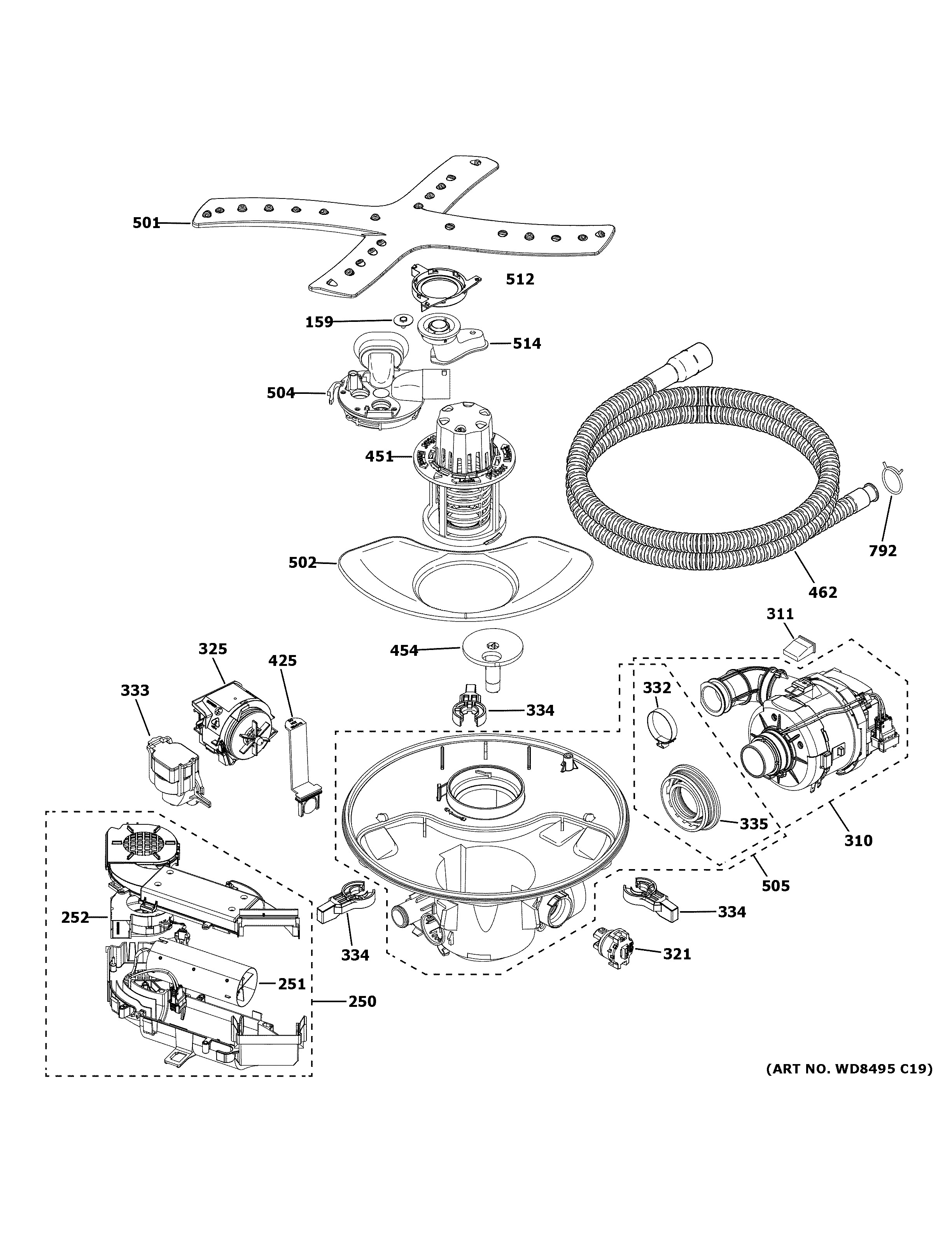 GE CDT855P2N0S1 motor, sump & filter assembly diagram