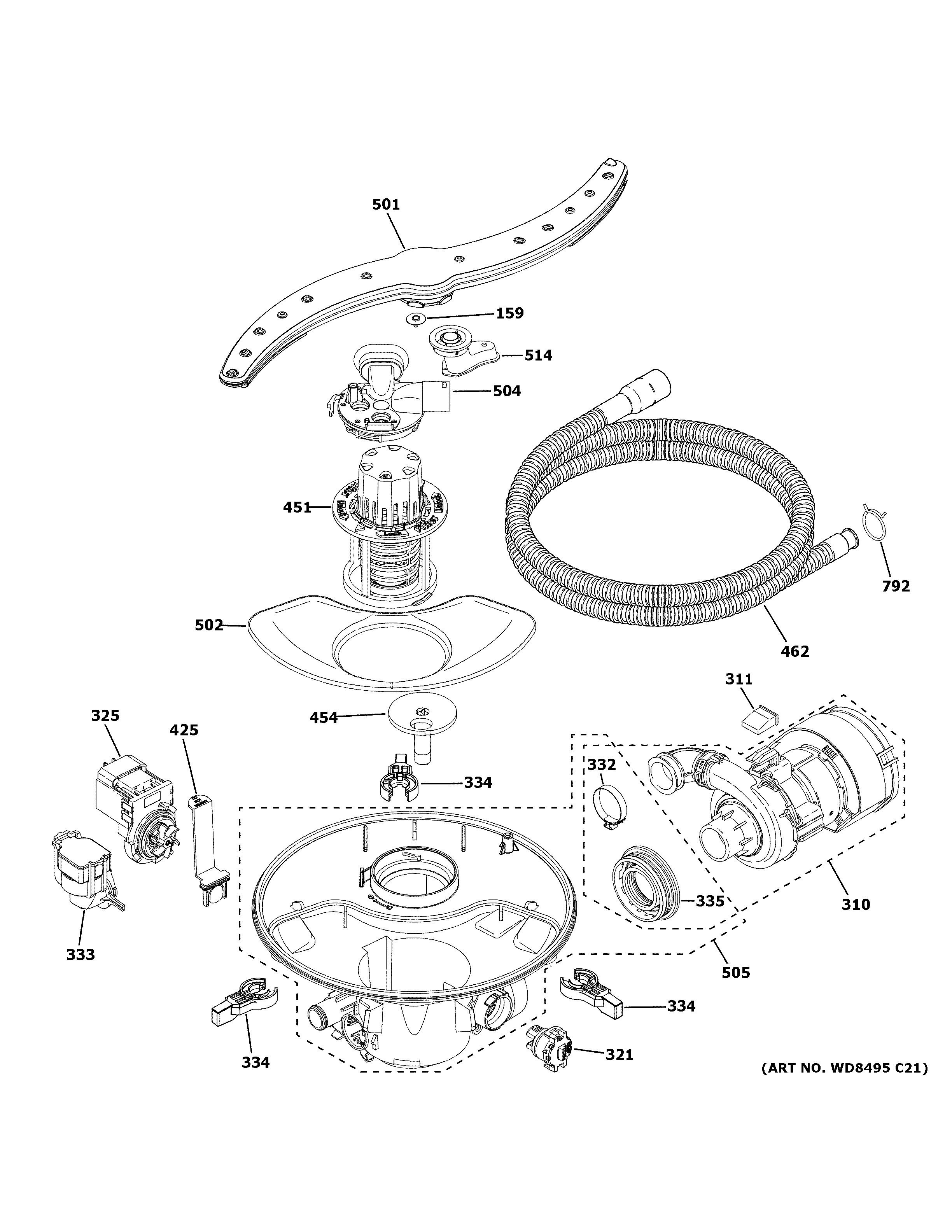 GE PDP715SBN2TS motor, sump & filter assembly diagram
