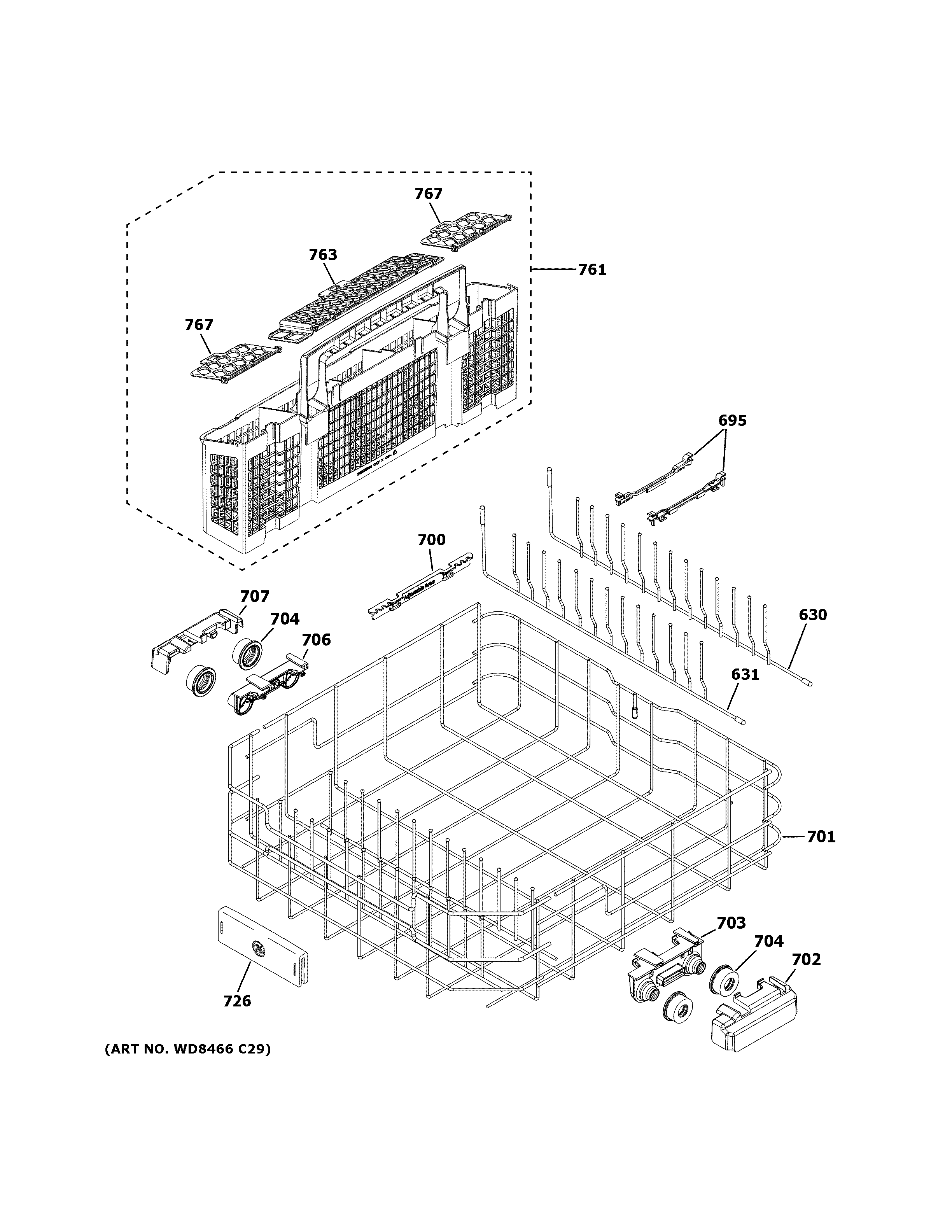 GE GDT665SGN2WW lower rack assembly diagram