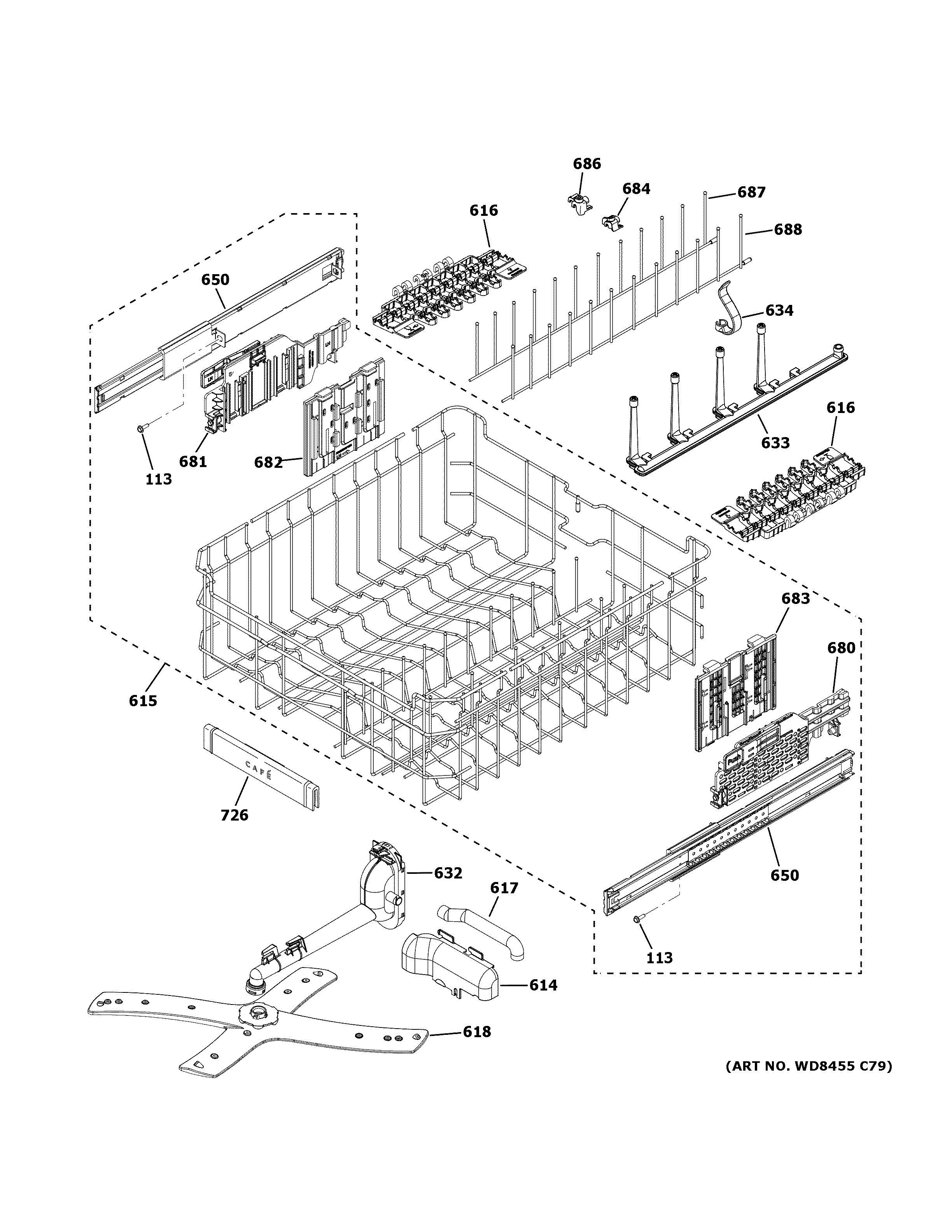 GE CDT845P4N3W2 upper rack assembly diagram