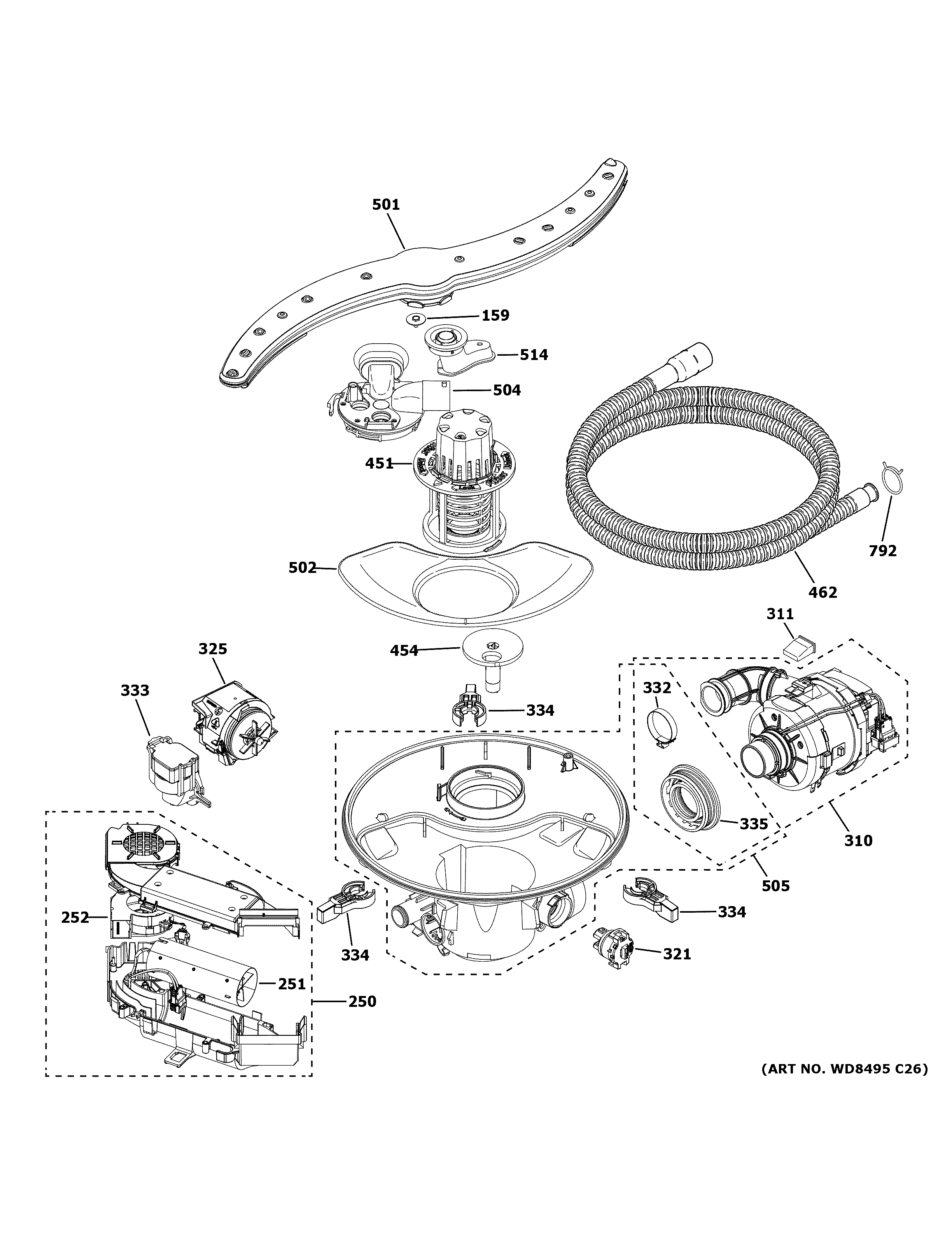 GE PDT785SBN3TS motor, sump & filter assembly diagram