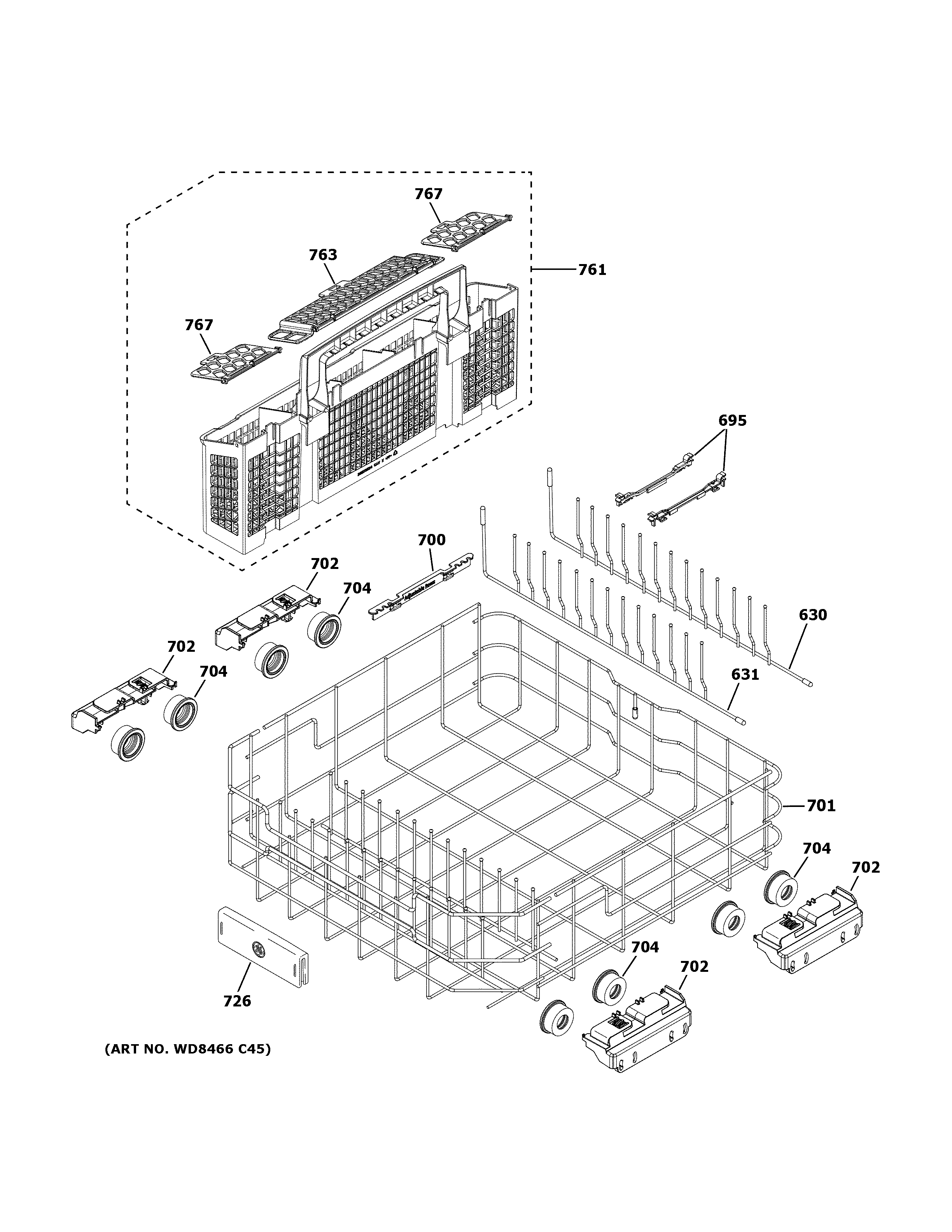 GE GDT665SGN3WW lower rack assembly diagram