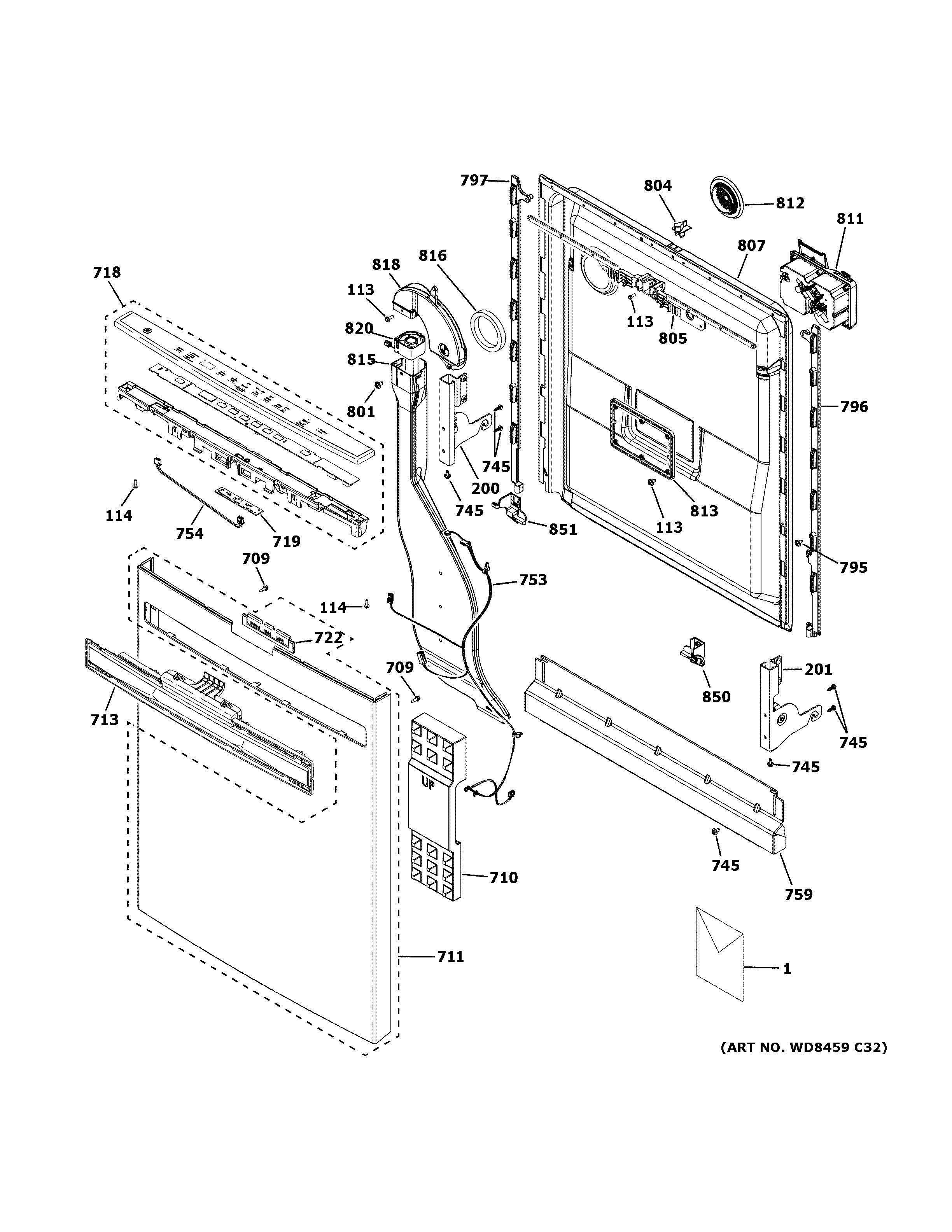 GE PDP715SYN3FS escutcheon & door assembly diagram