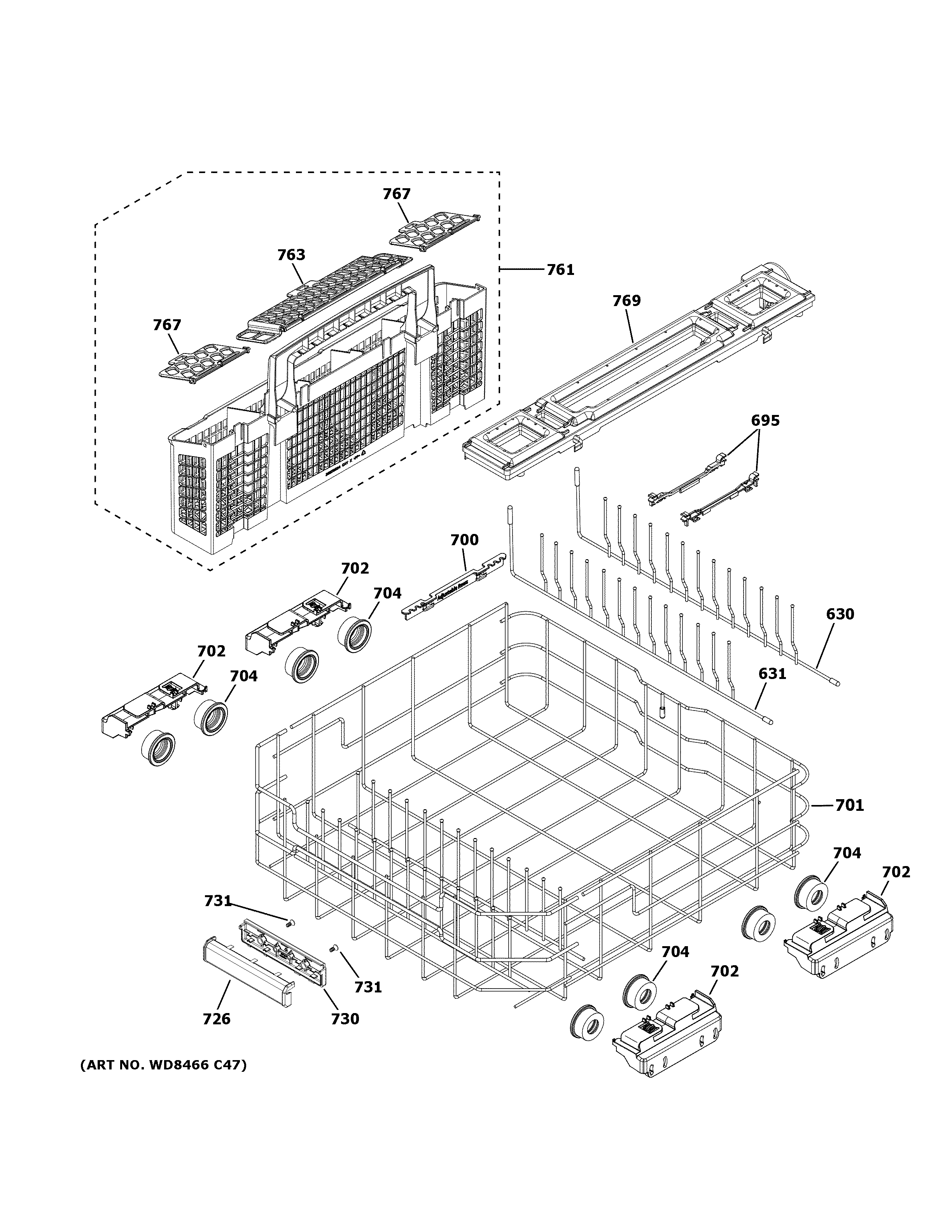 GE ZDT985SIN5II lower rack assembly diagram