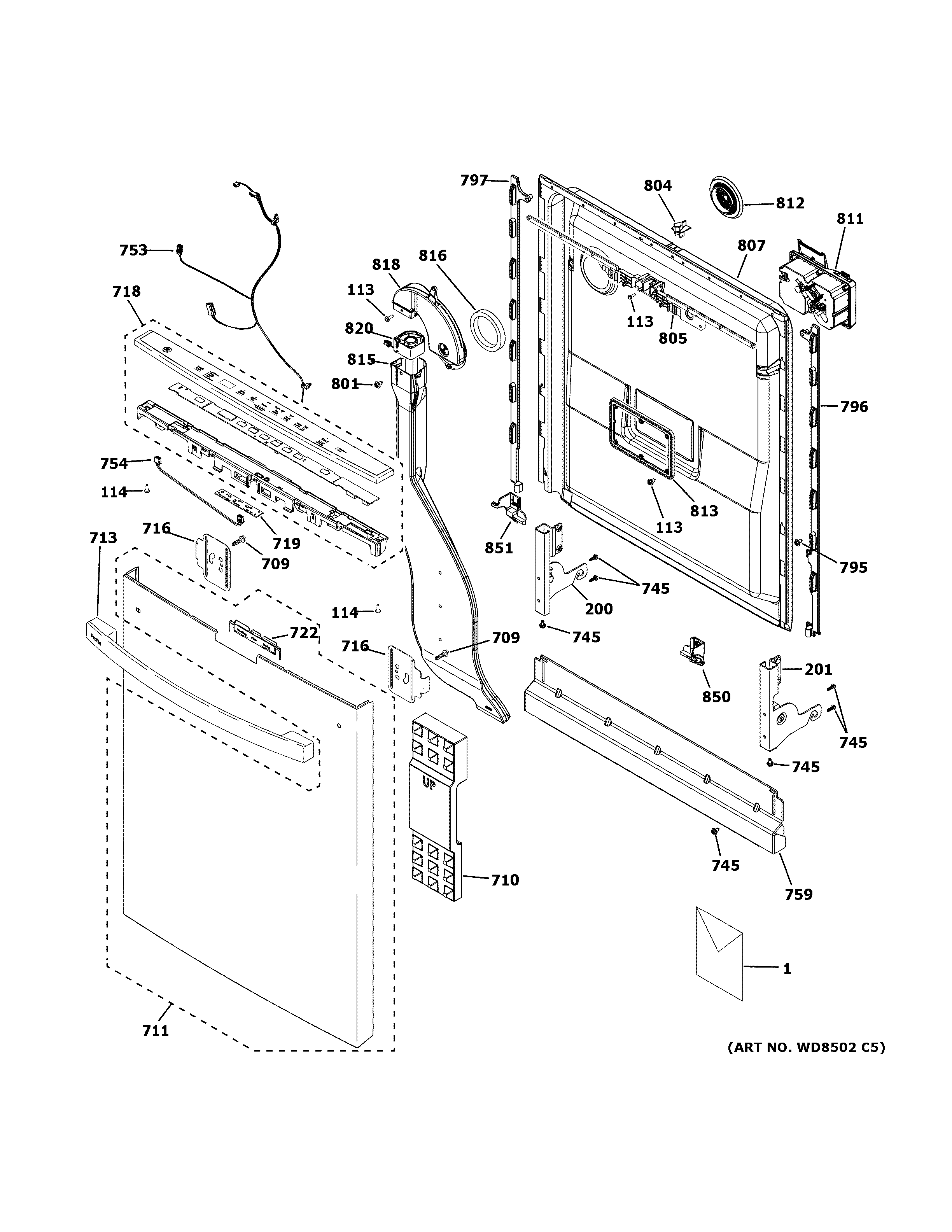 GE PDT715SBN4TS escutcheon & door assembly diagram