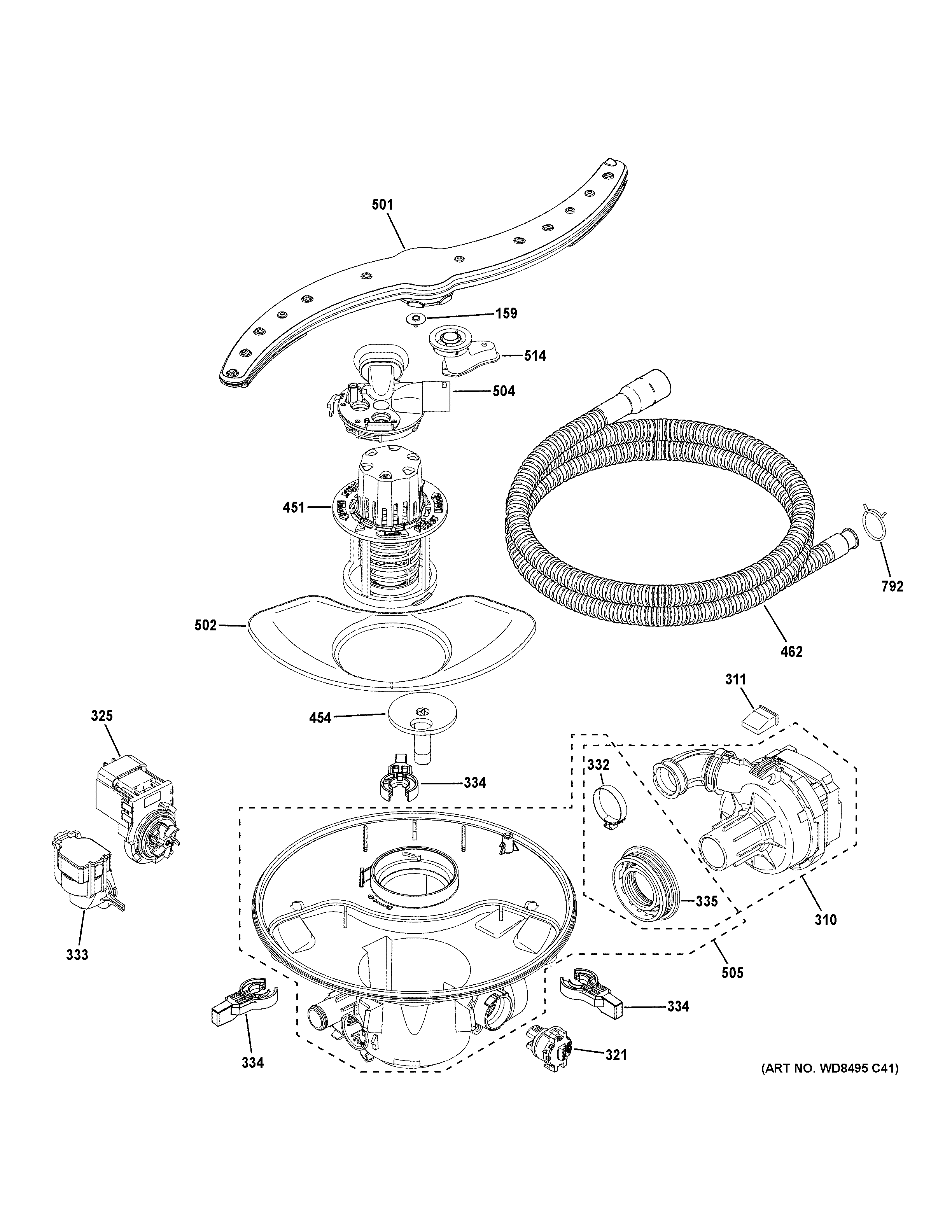 GE PDT715SMN8ES motor, sump & filter assembly diagram
