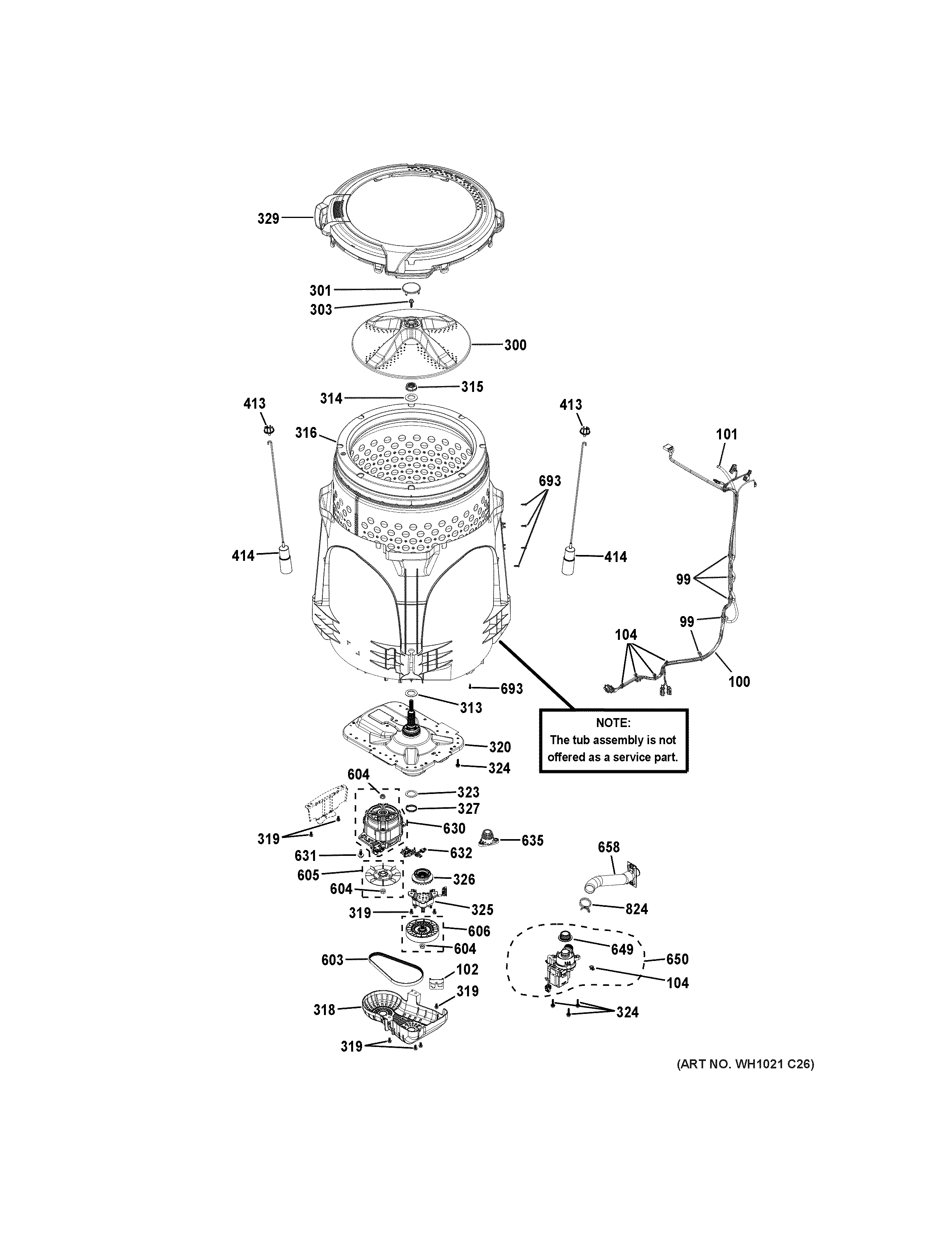 GE PTW600BPR0DG tub & motor diagram