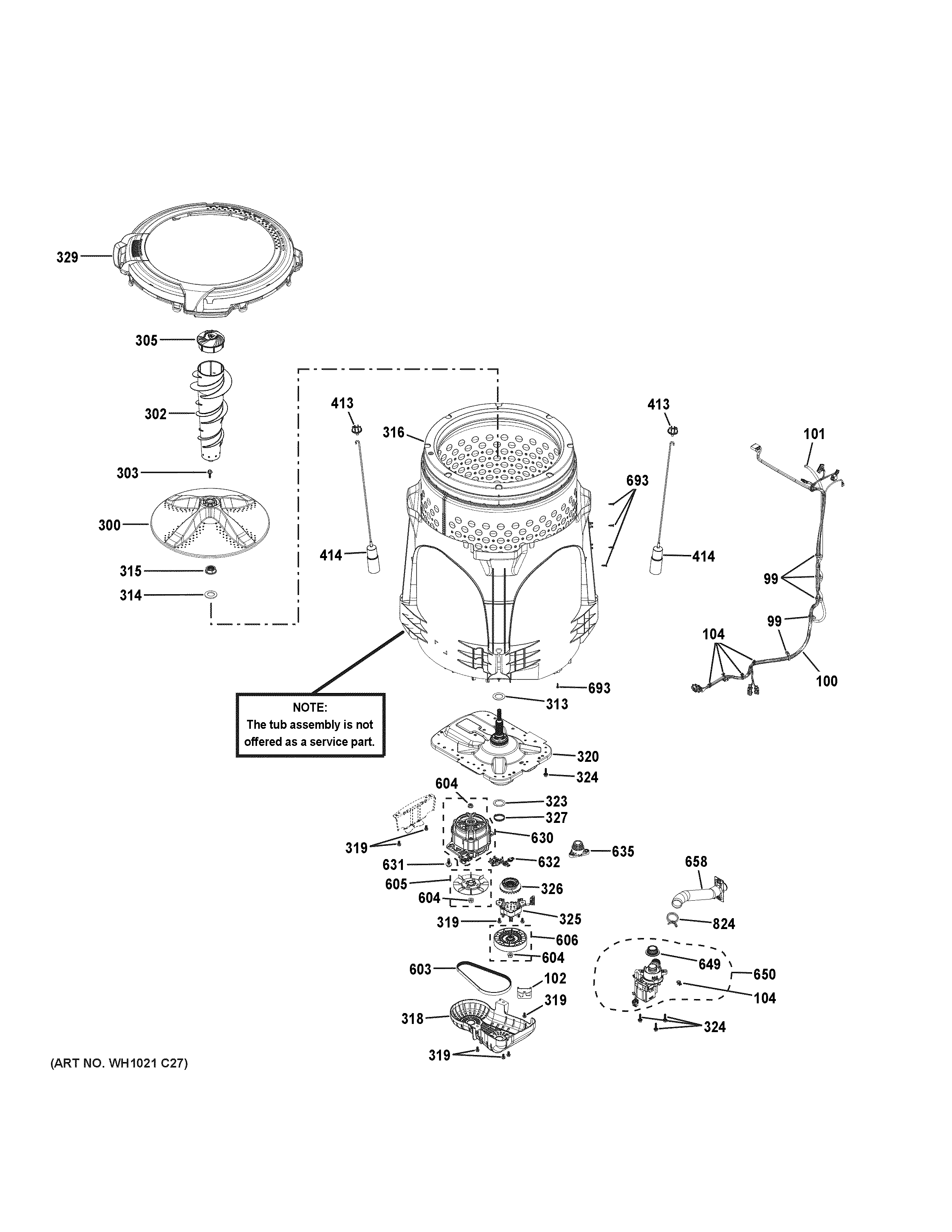GE PTW605BSR0WS tub & motor diagram