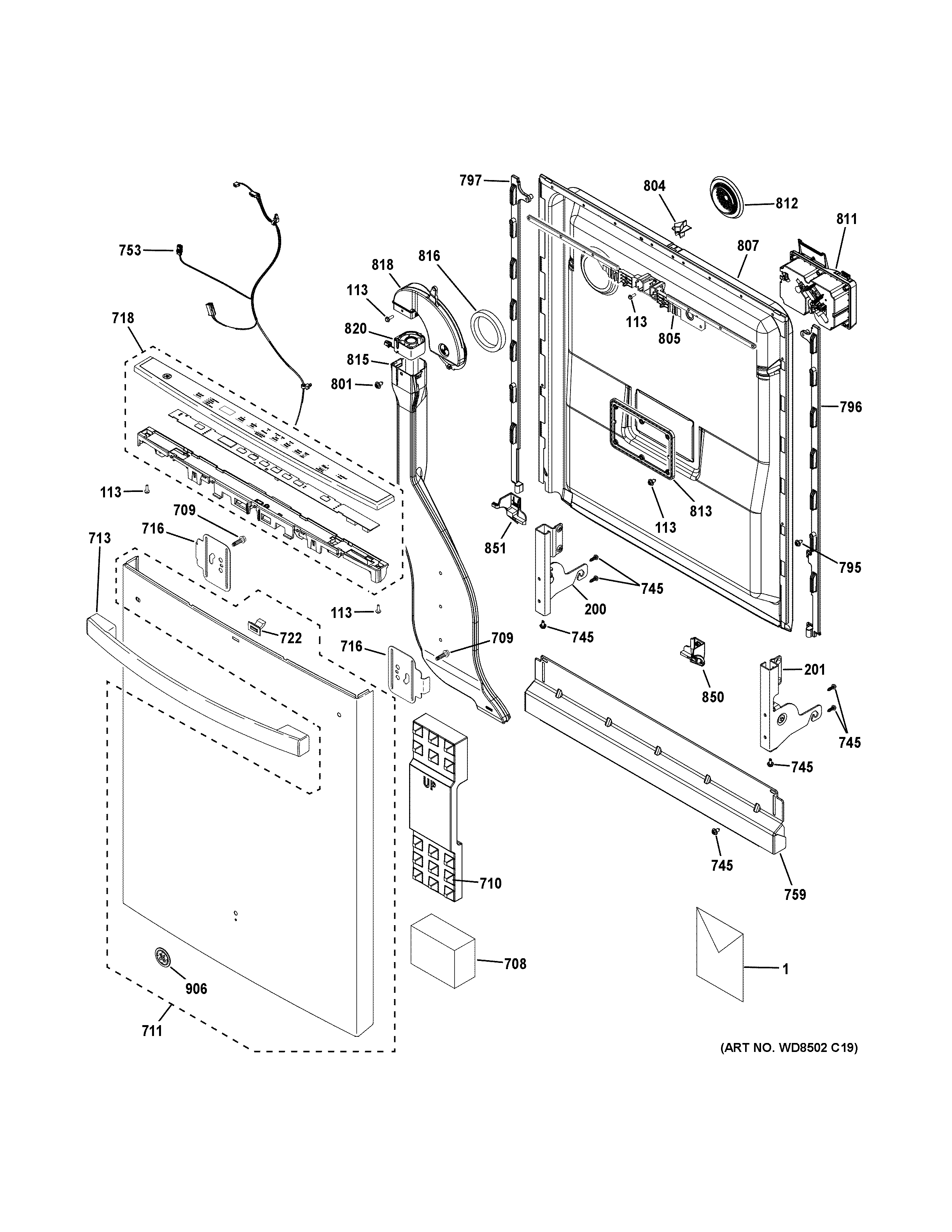 GE GDT645SMN8ES escutcheon & door assembly diagram