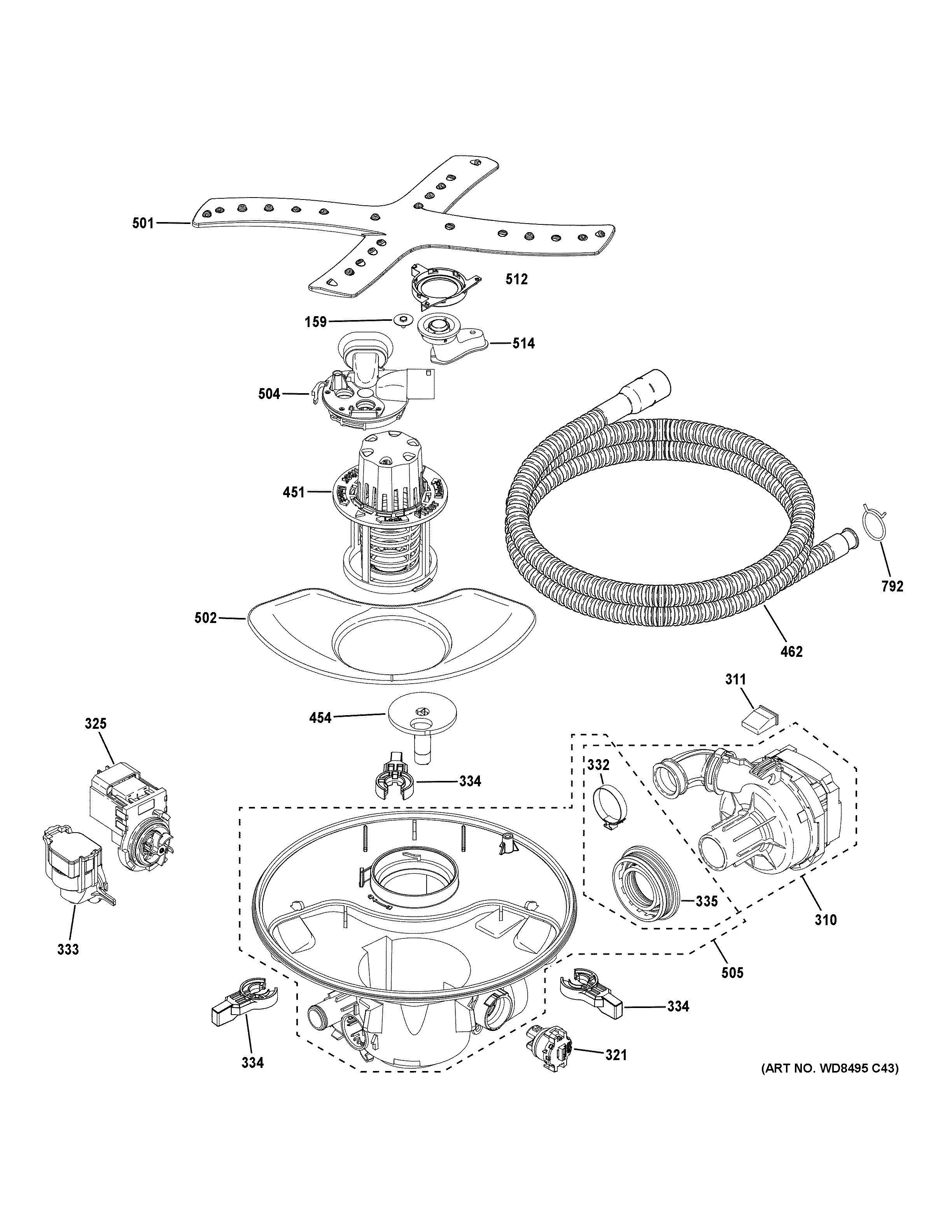 GE CDT845P4N8W2 motor, sump & filter assembly diagram