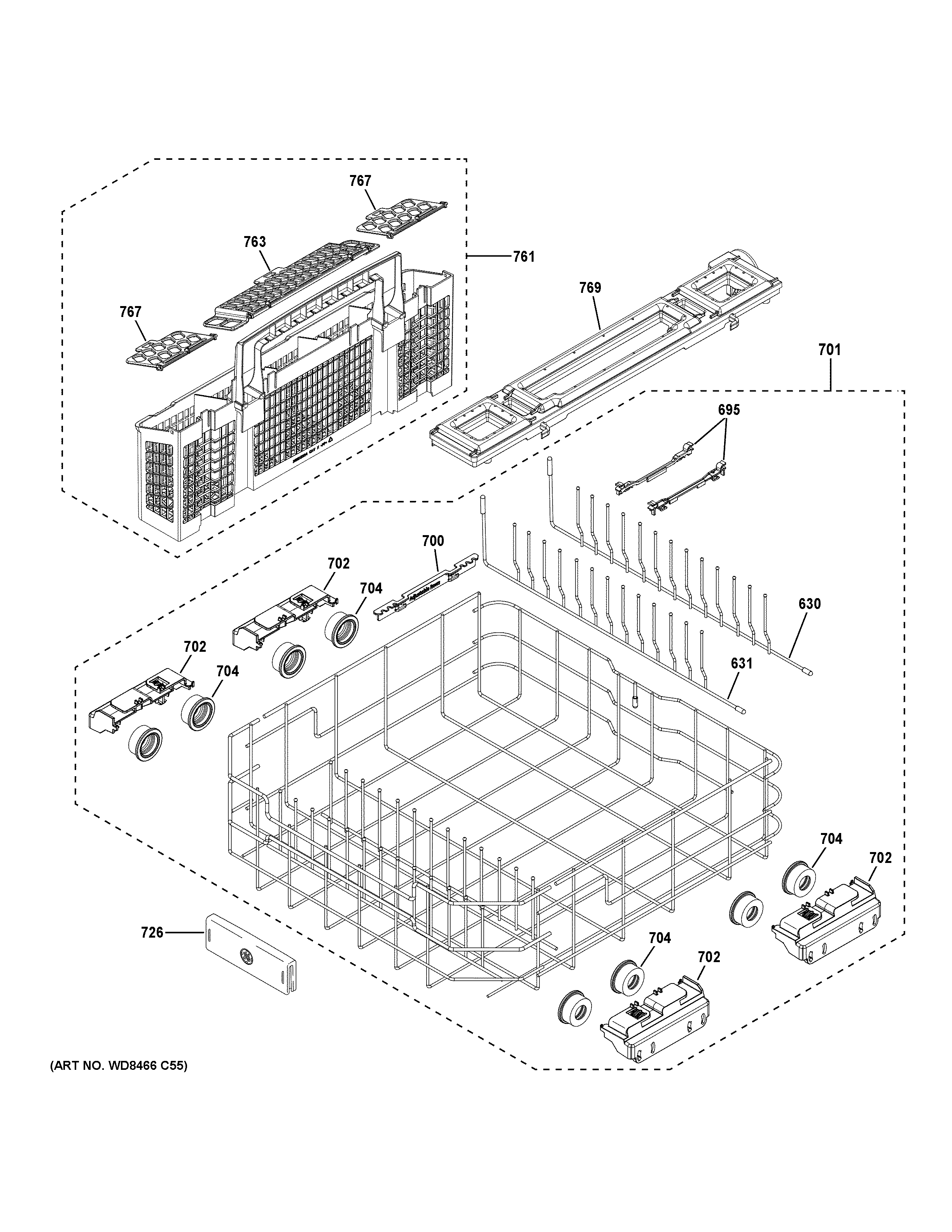 GE PDT715SBN8TS lower rack assembly diagram