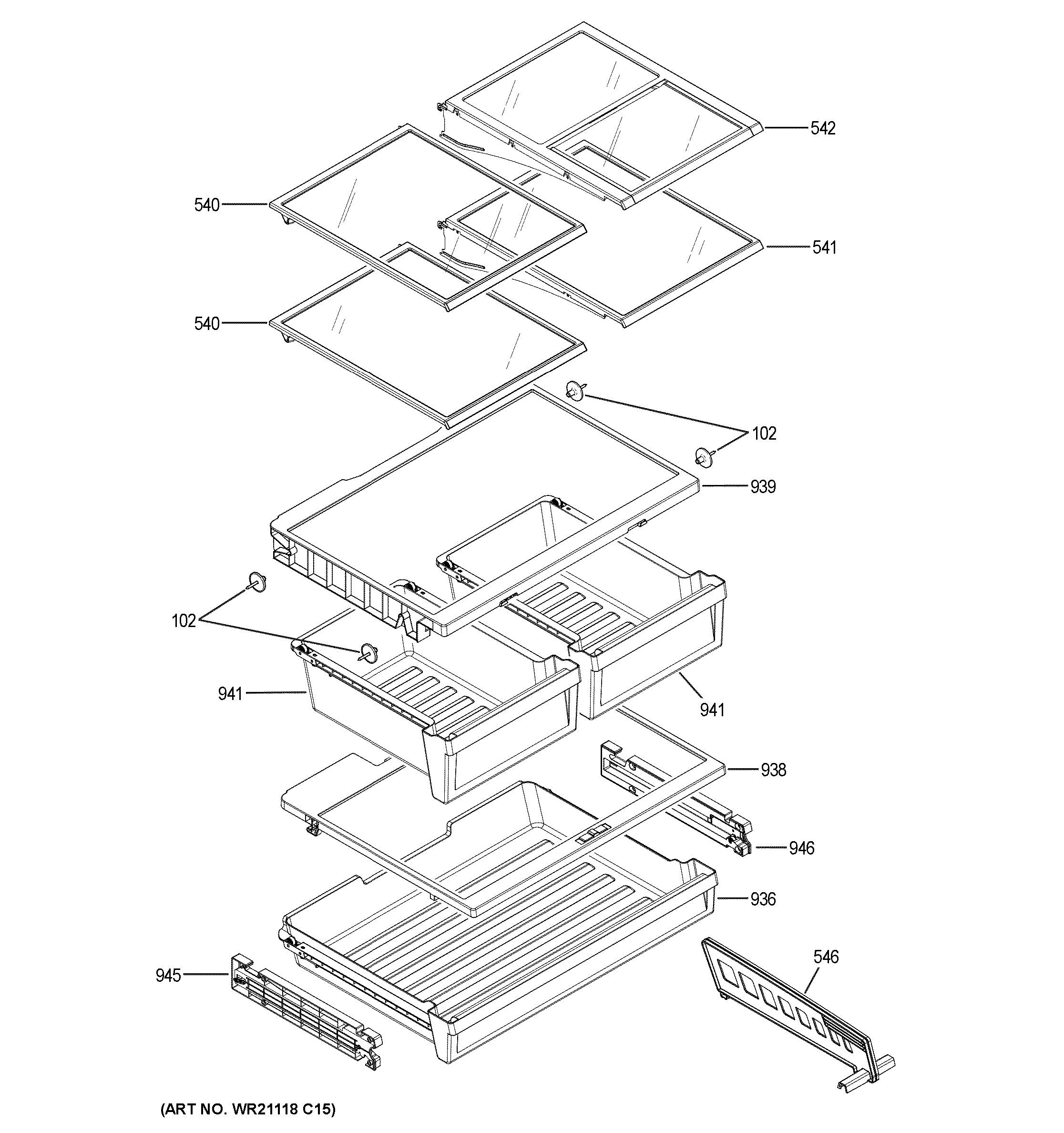 GE GFE24JGKXFBB fresh food shelves diagram