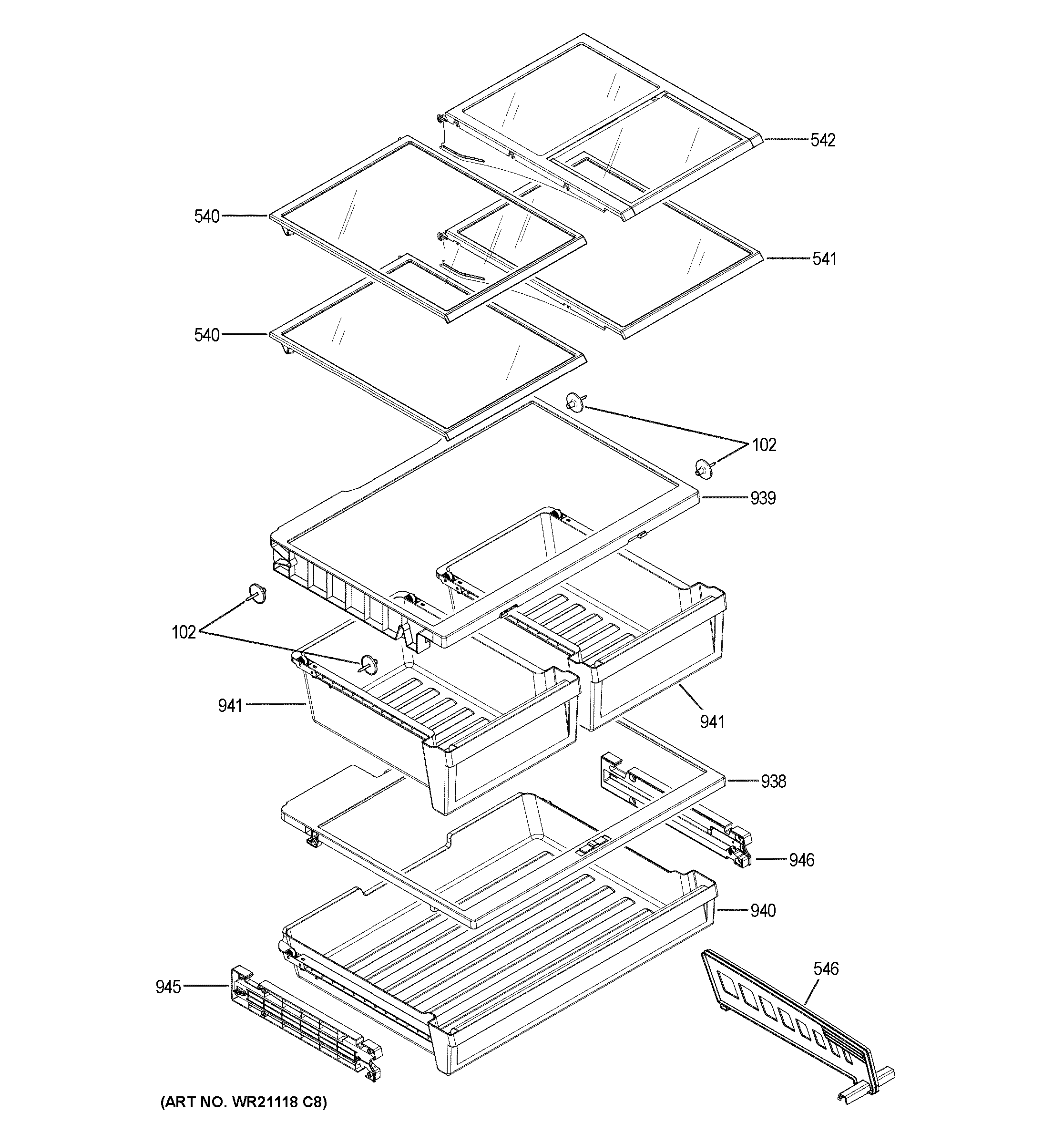 GE GNE25JYKGFFS fresh food shelves diagram