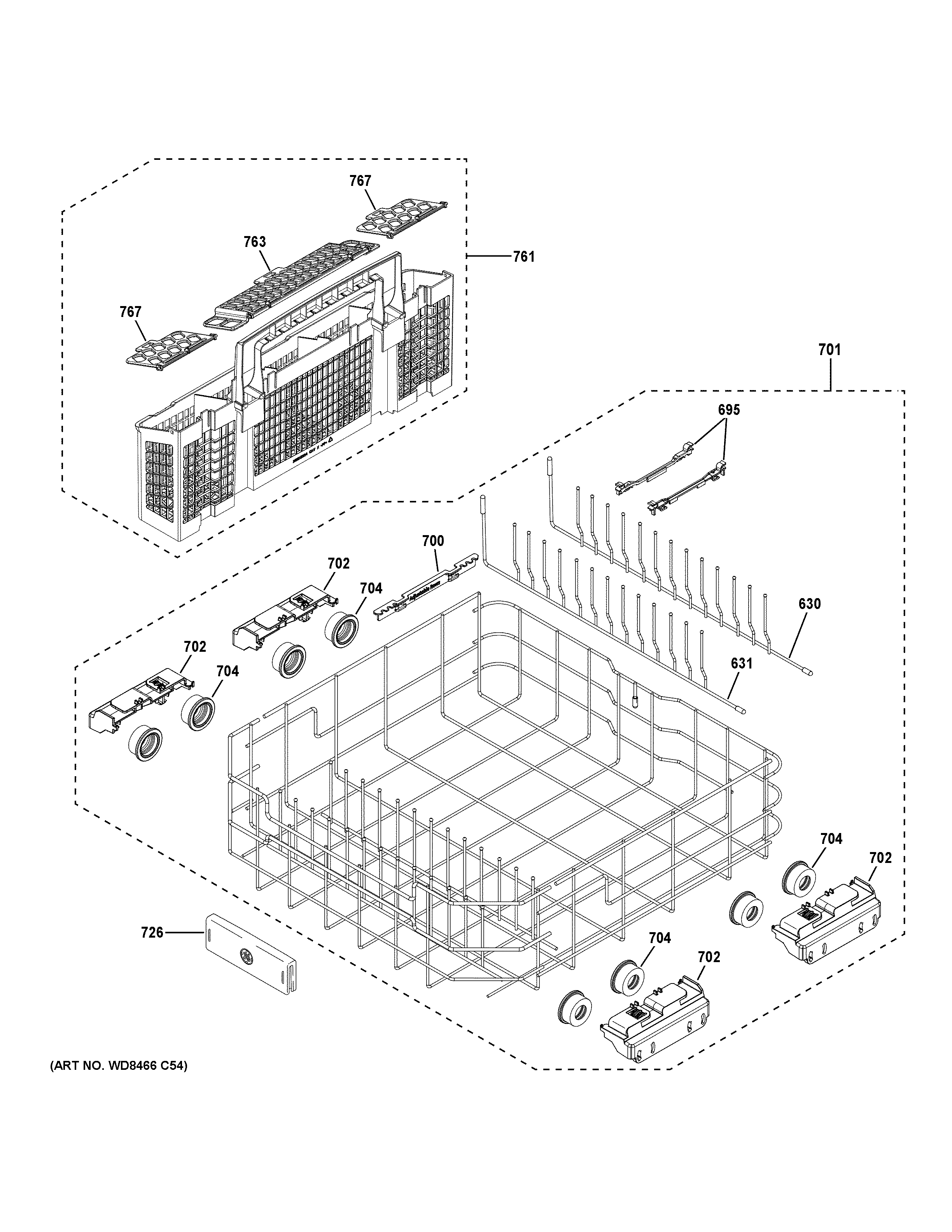 GE GDT665SGN8BB lower rack assembly diagram