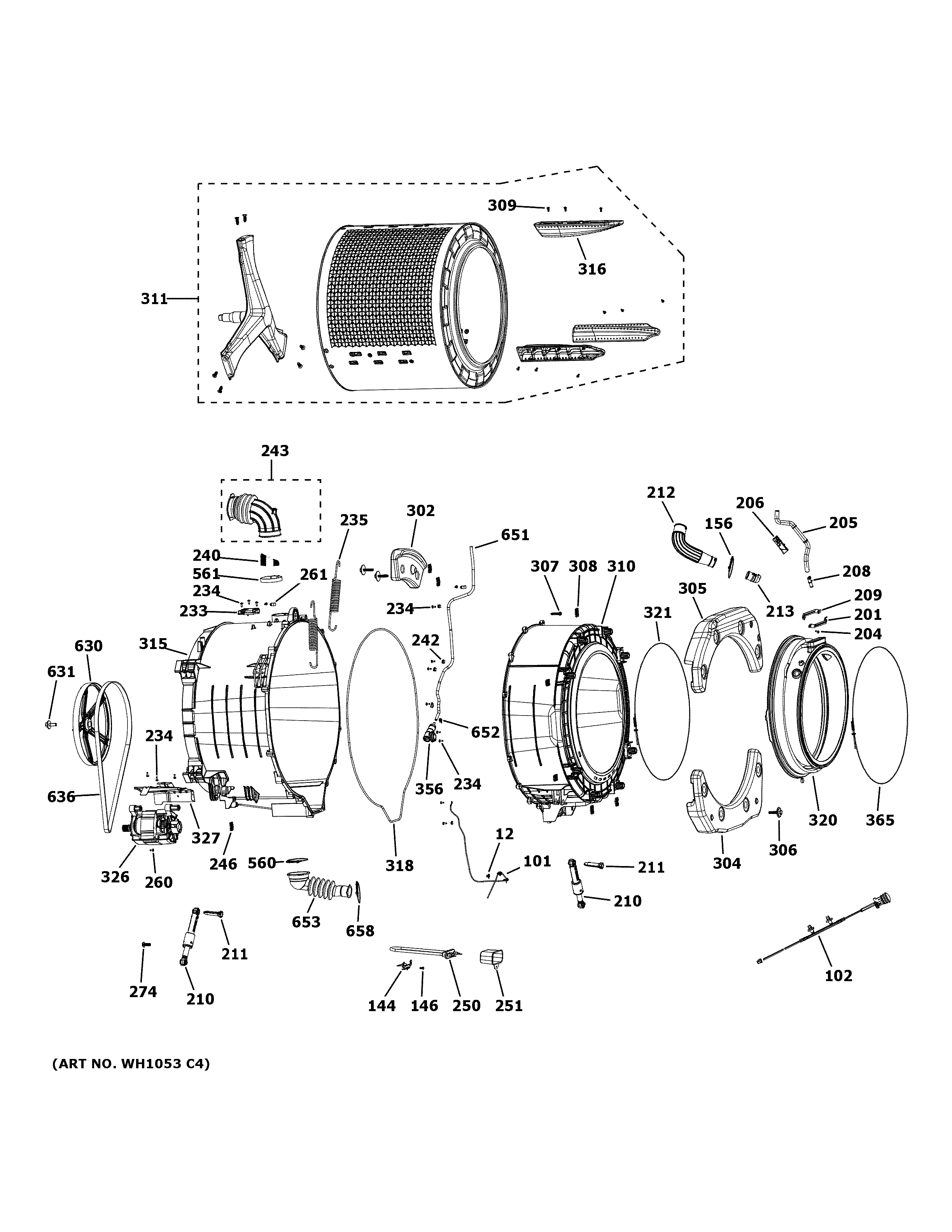 GE GFW650SSN4WW tub & motor diagram