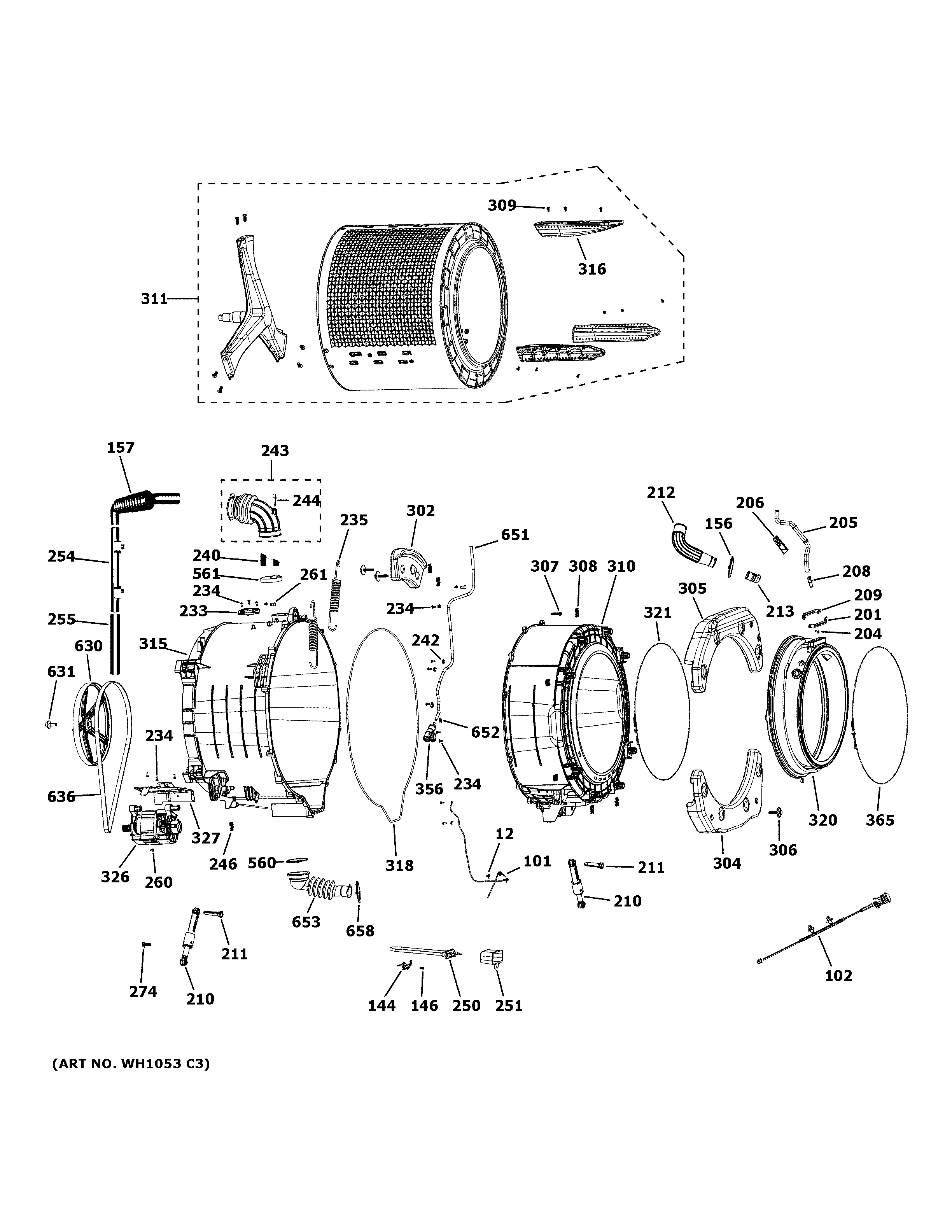 GE GFW850SSN4WW tub & motor diagram