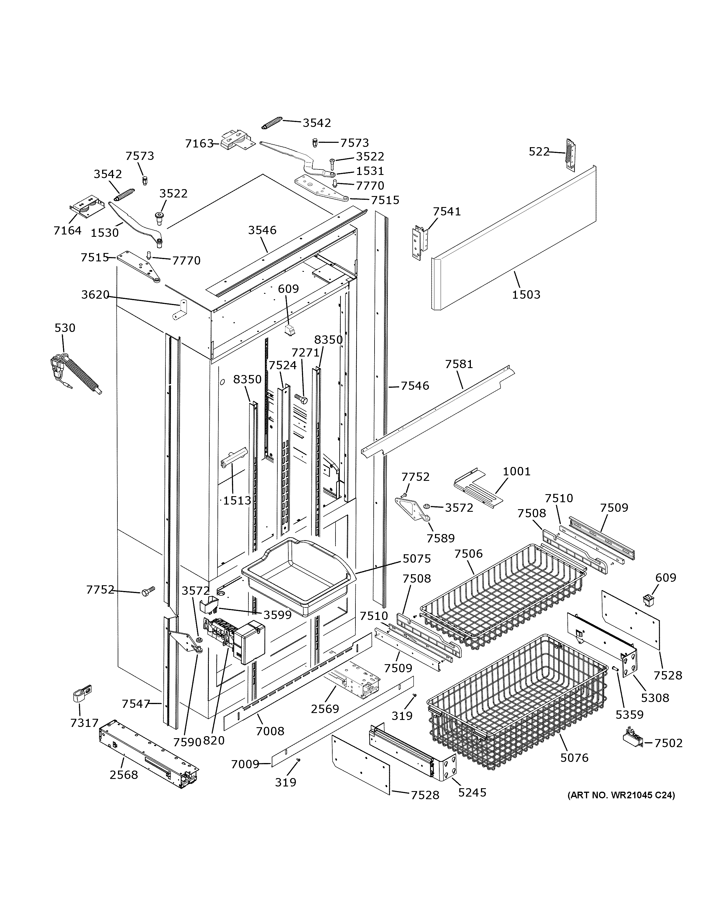 GE ZIPS360NNDSS freezer section, trim & components diagram